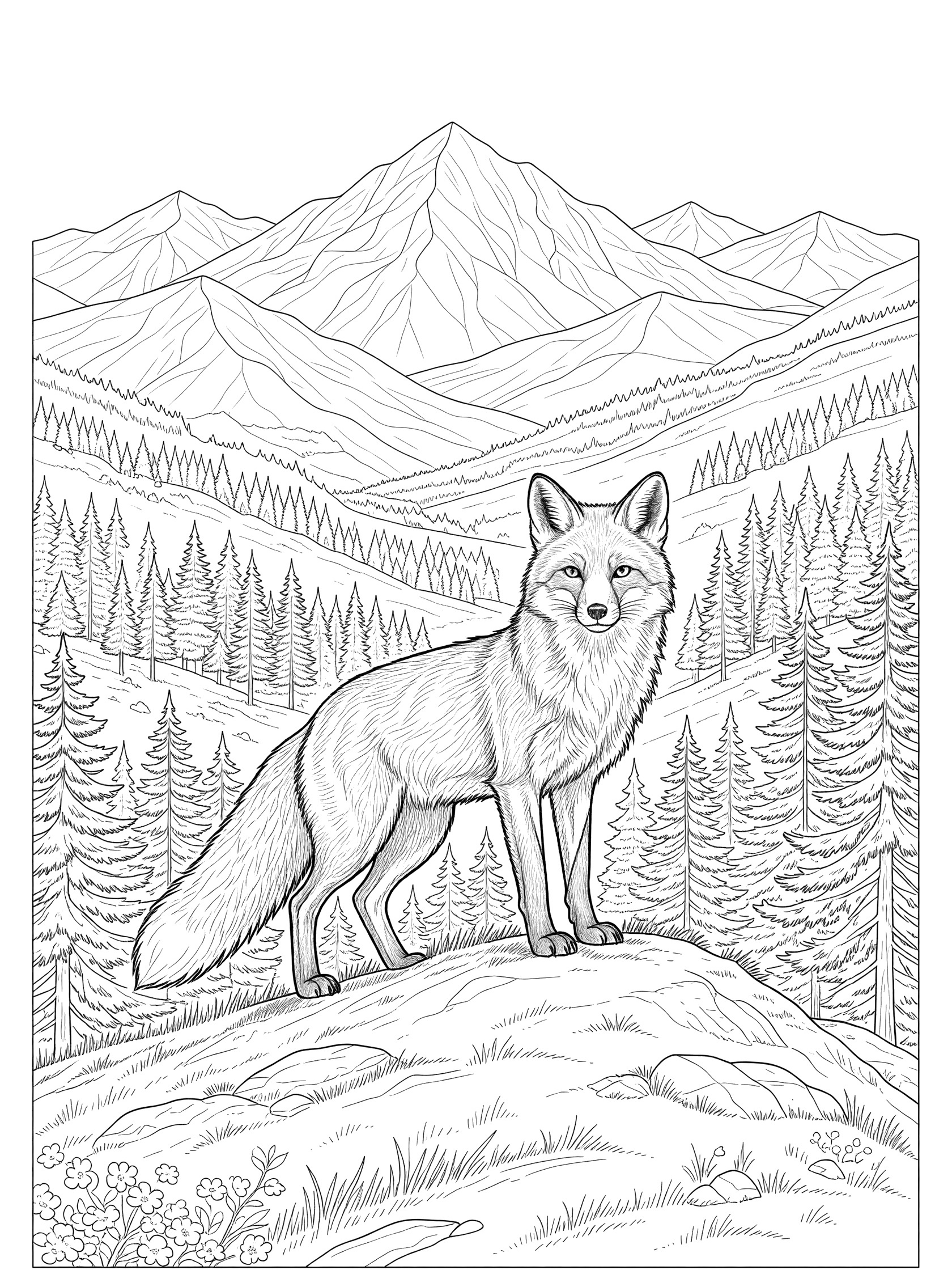 Black and white line art coloring page of a fox on a rocky hilltop overlooking pine trees in a valley and distant mountains.