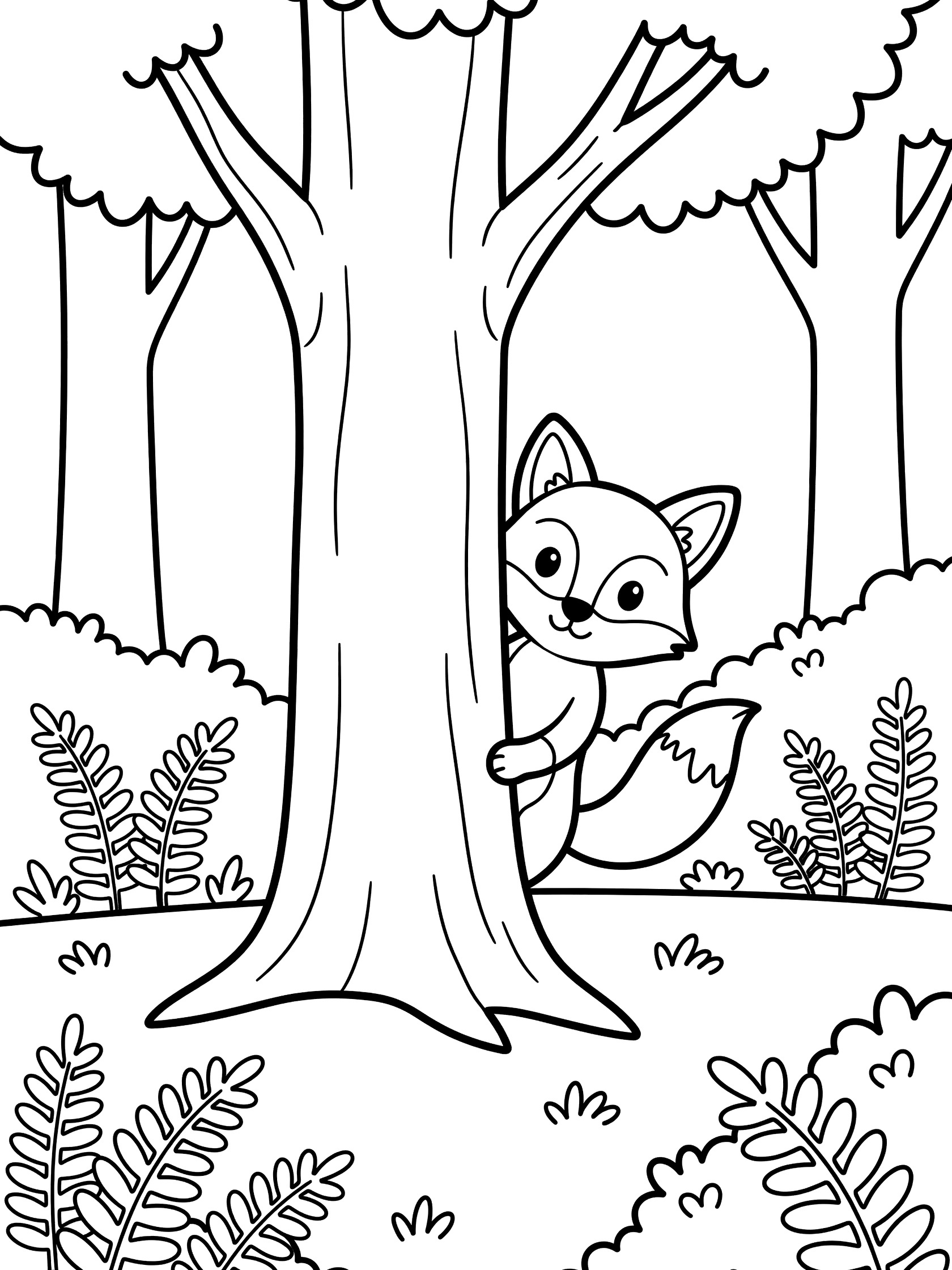 Black and white line art coloring page showing a fox peeking out from behind a large tree surrounded by ferns and bushes in a forest clearing.