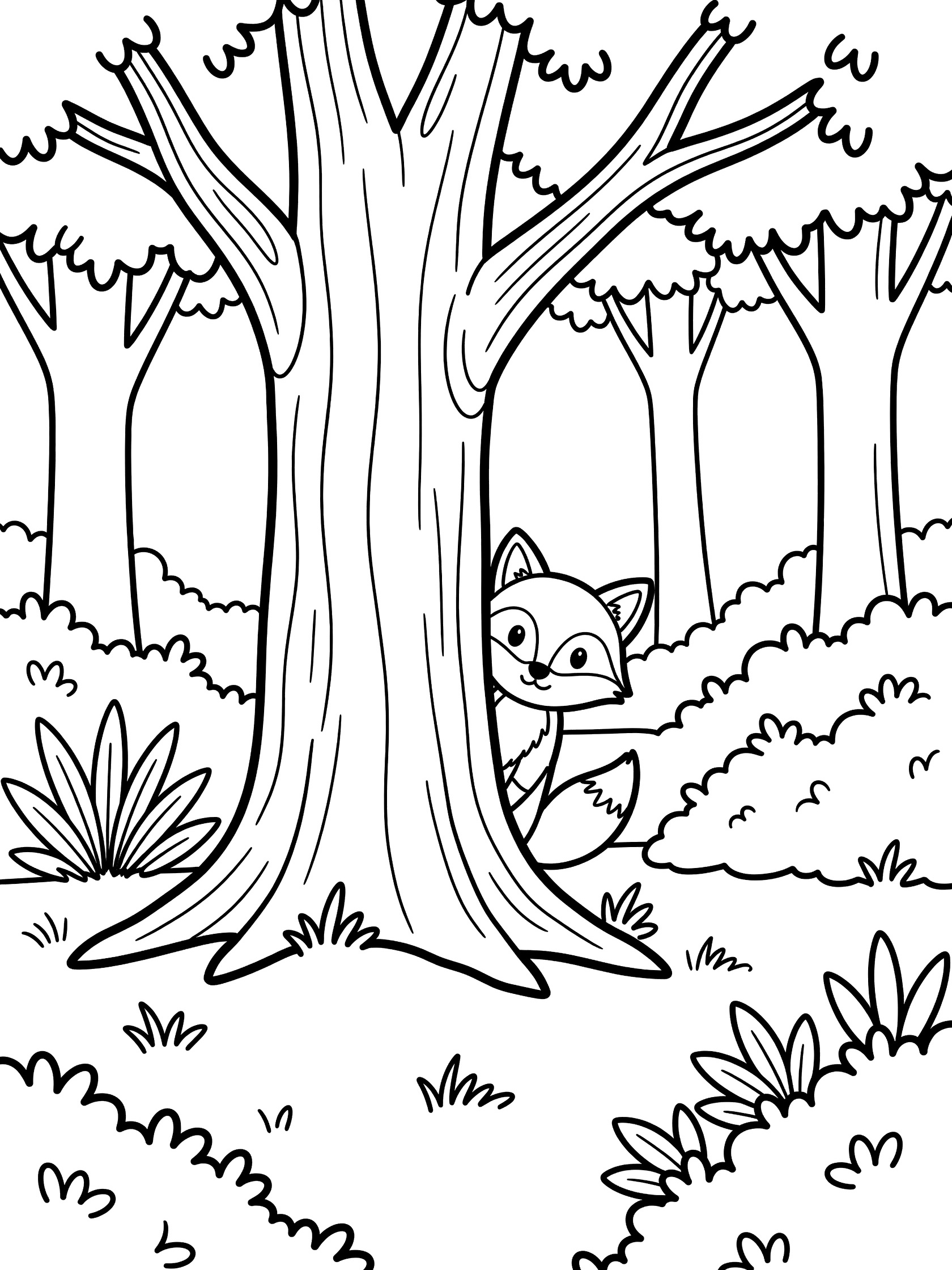 Black and white line art coloring page showing a fox peeking out from behind a large tree trunk in a forest with other trees, bushes, ferns, and grass.