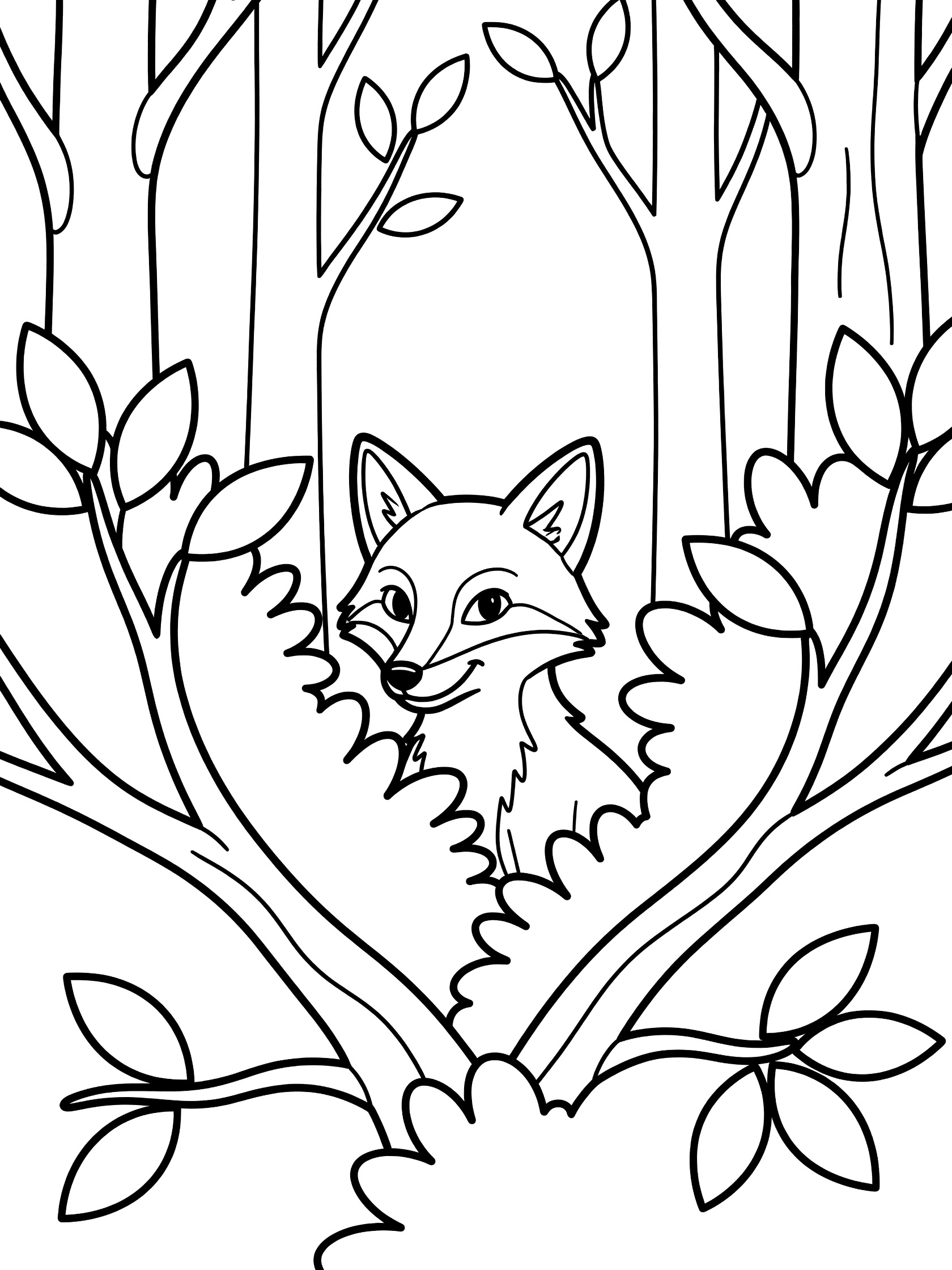 Black and white line art coloring page showing a fox face peeking from behind tree trunks, branches, leaves, and bush in a forest scene
