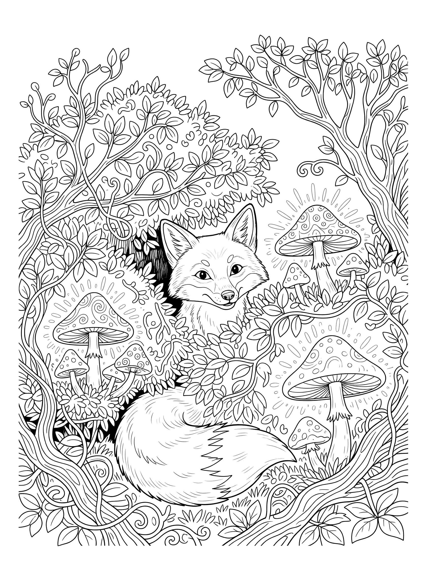 Black and white line art coloring page showing a fox with fluffy tail peeking from mushrooms, bushes, twigs, and vines in a forest scene.