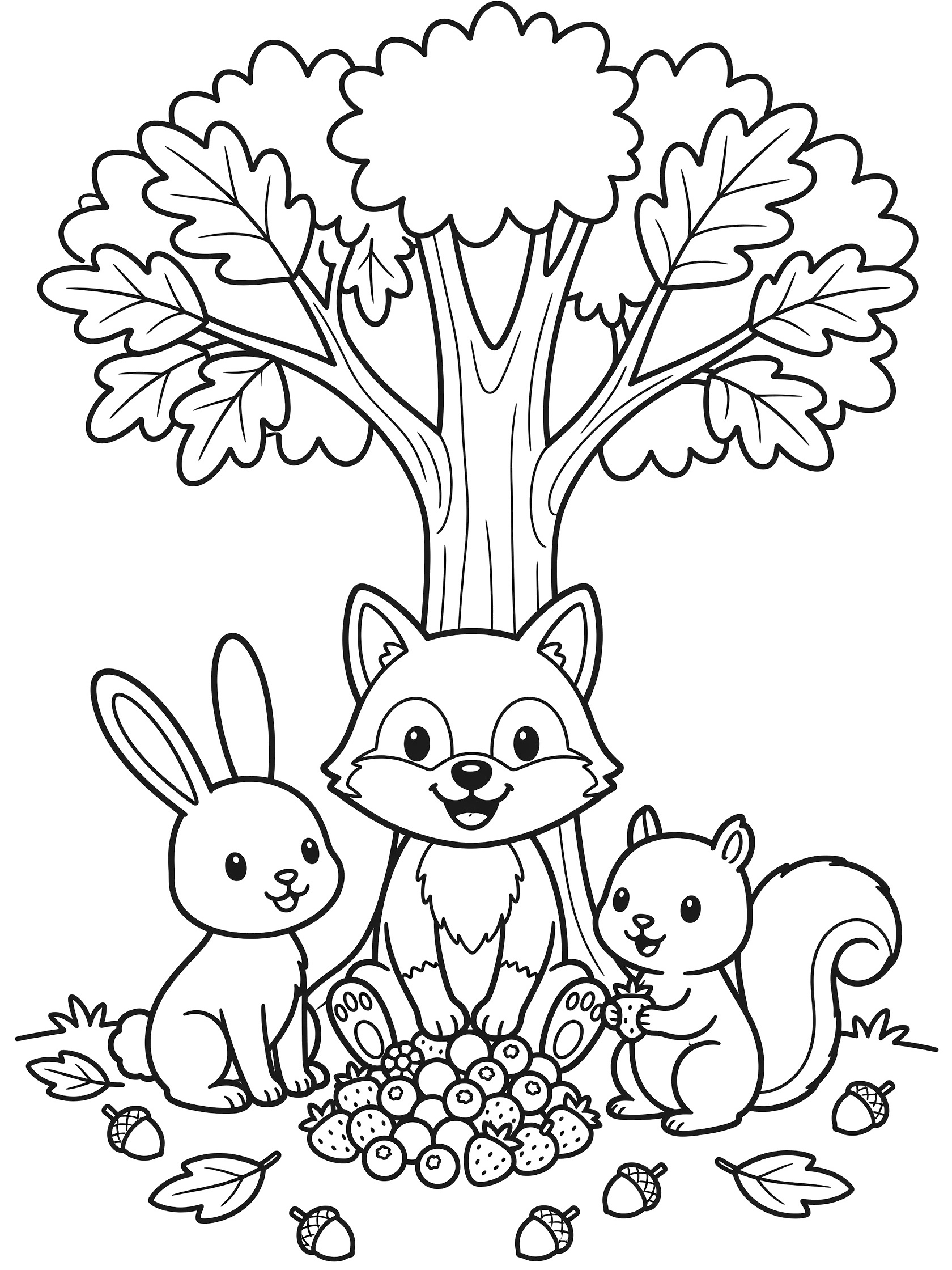Black and white line art coloring page showing a happy fox sitting with a rabbit and squirrel under a large tree, surrounded by berries, acorns and leaves. Coyote themed black and white printable line art