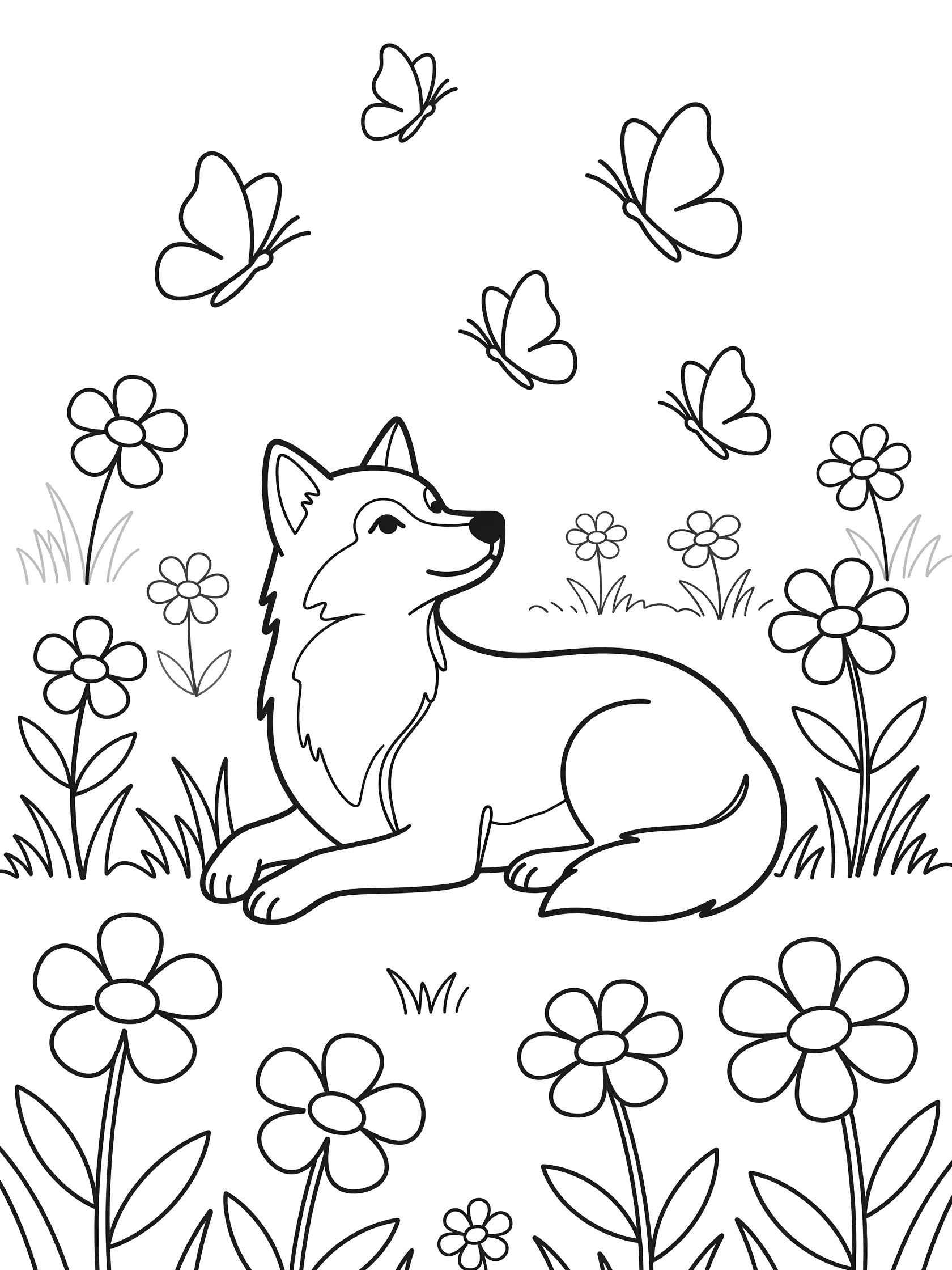 Black and white line art coloring page showing a fox lying down on grass surrounded by flowers and butterflies fluttering above. Wolf themed black and white printable line art