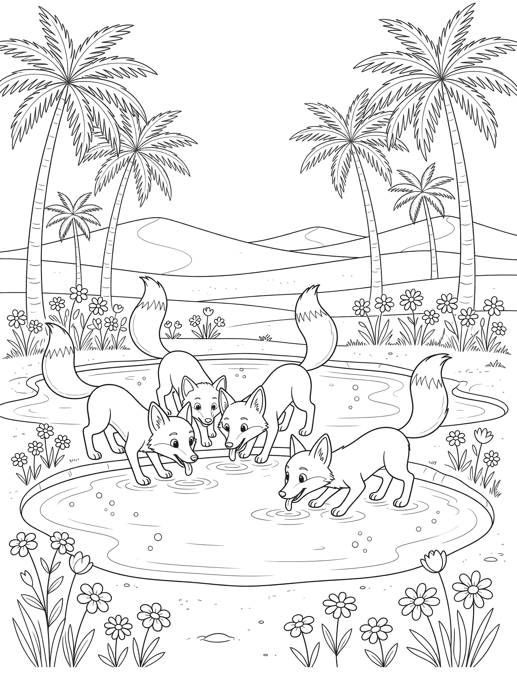 Whimsical foxes lapping fresh water at the edge of a desert oasis pond, surrounded by palm trees, flowers, and dunes - printable coloring page