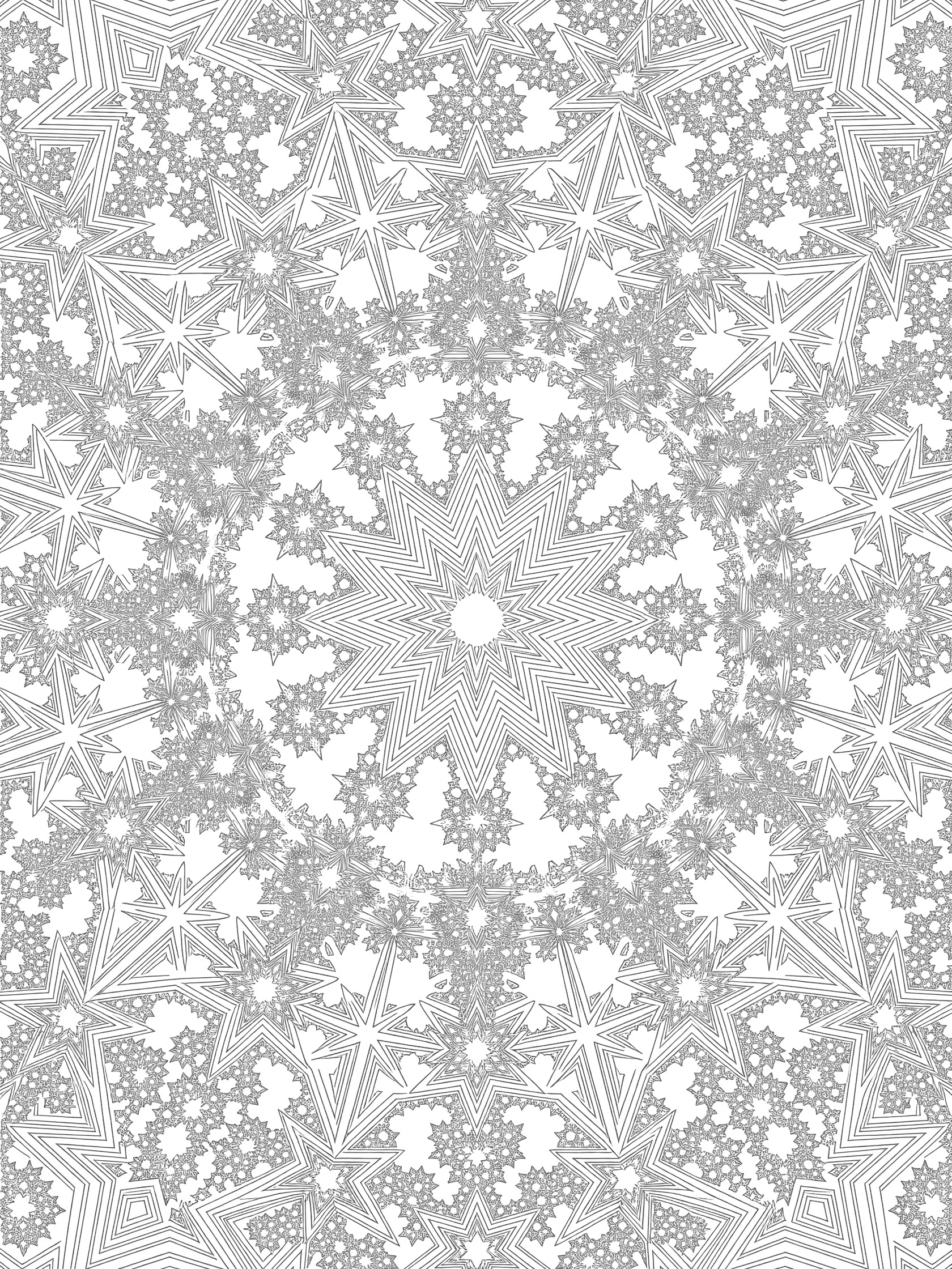 Hard difficulty coloring page with a central radiant star branching into smaller fractal stars, surrounded by interlocking star polygons and geometric spikes on white background