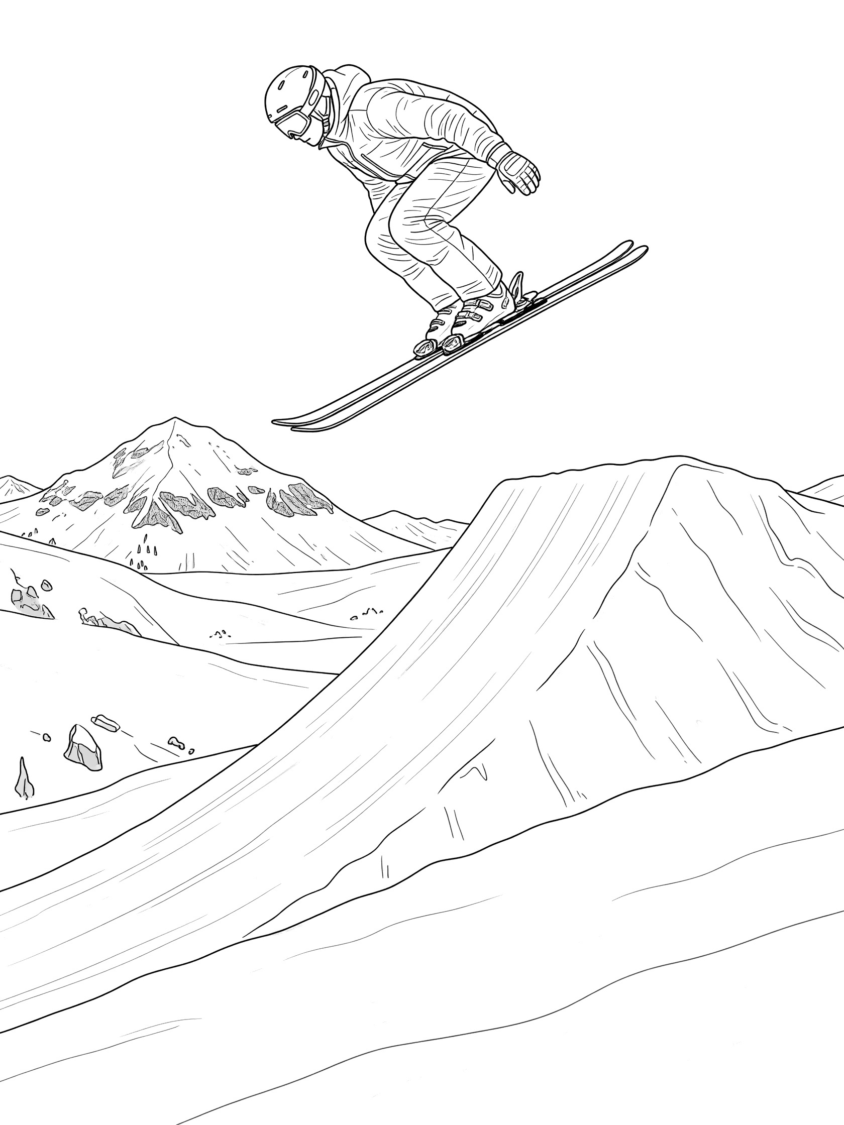 Black and white coloring page of a freestyle skier arched back in a backscratcher trick, grabbing behind knees mid-air over a big snowy jump with peaks below.