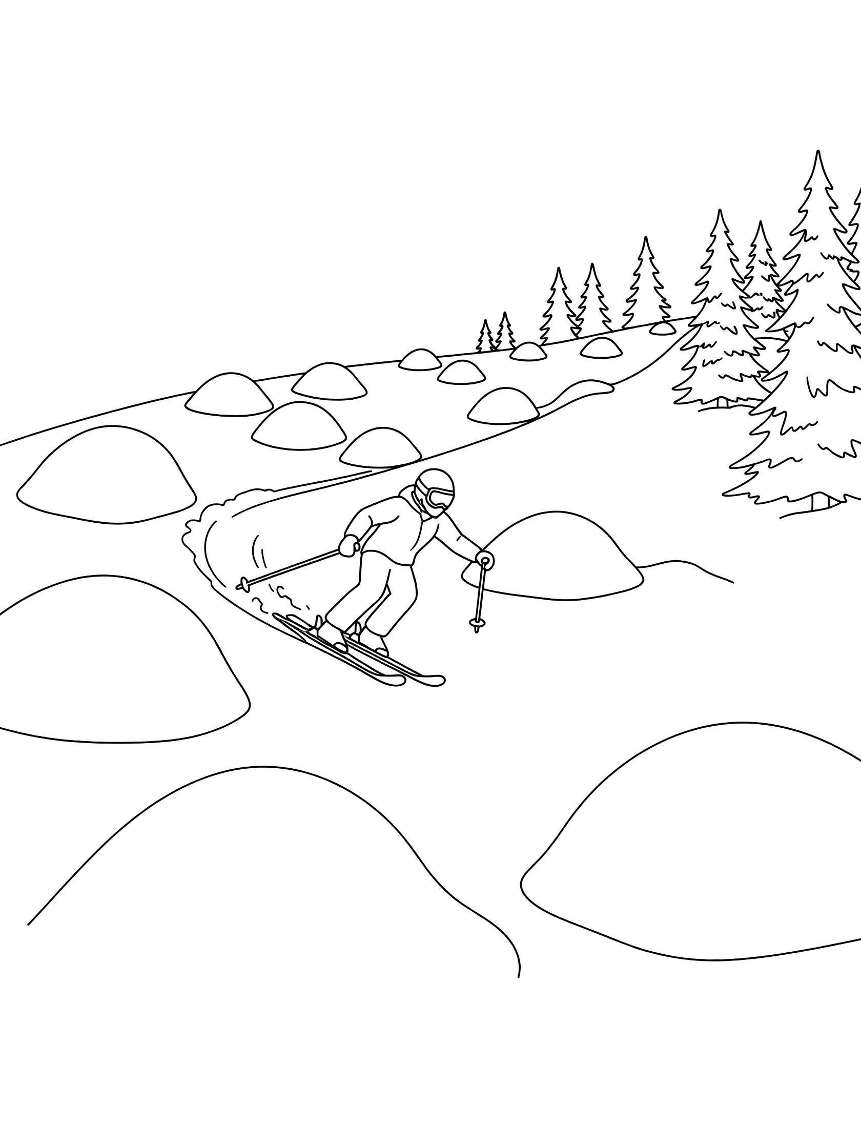 Black and white line art of a freestyle skier dynamically weaving through rounded moguls on a steep snowy hill, holding poles, surrounded by pine trees.