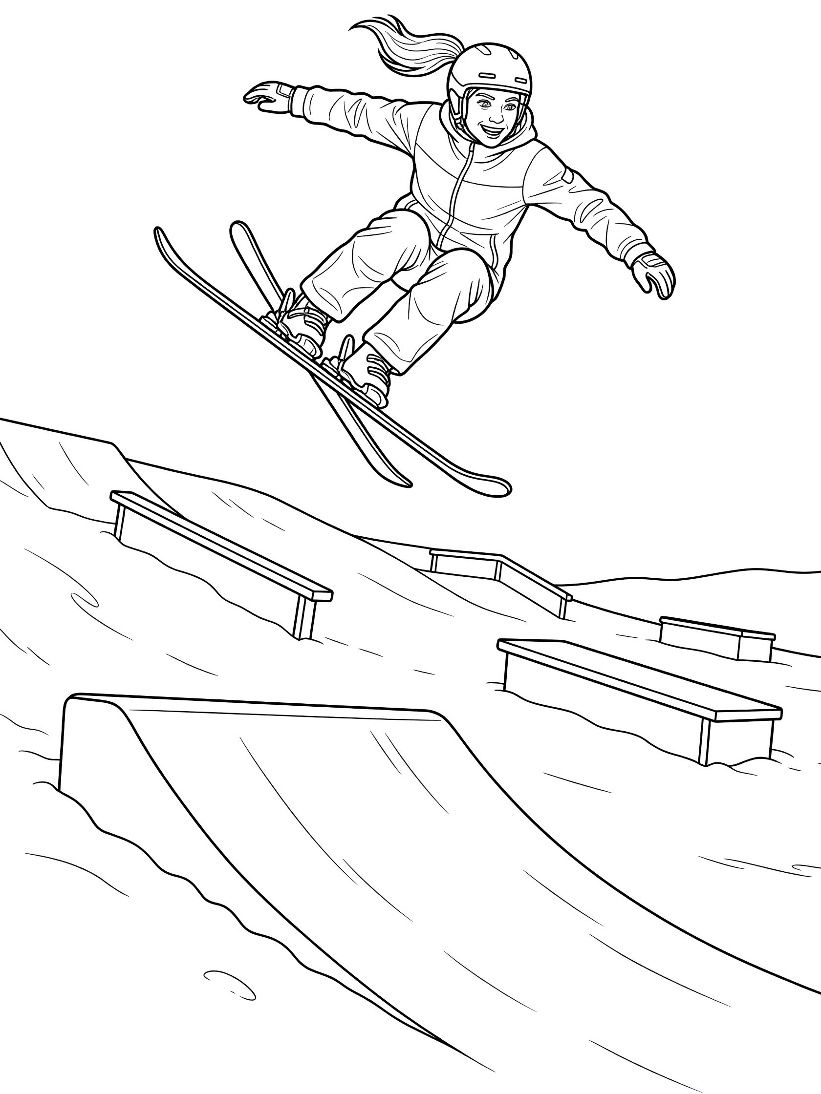 Black-and-white coloring page of a freestyle skier with ponytail and helmet spinning 360 degrees in air off a kicker jump, skis out, snowy rail boxes on hillside.