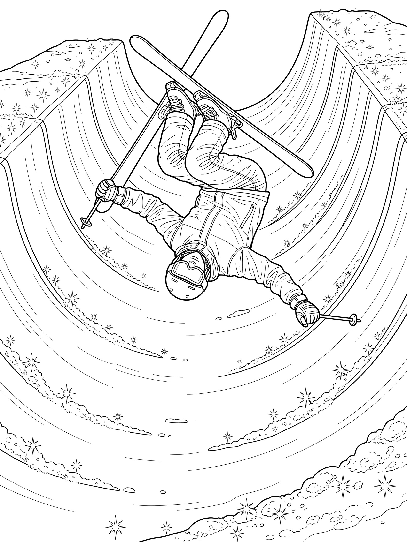 Black-and-white coloring page of a freestyle skier in mid front flip inside a snowy halfpipe, body rotated with skis up and hands reaching, curved pipe walls and snow sparkles