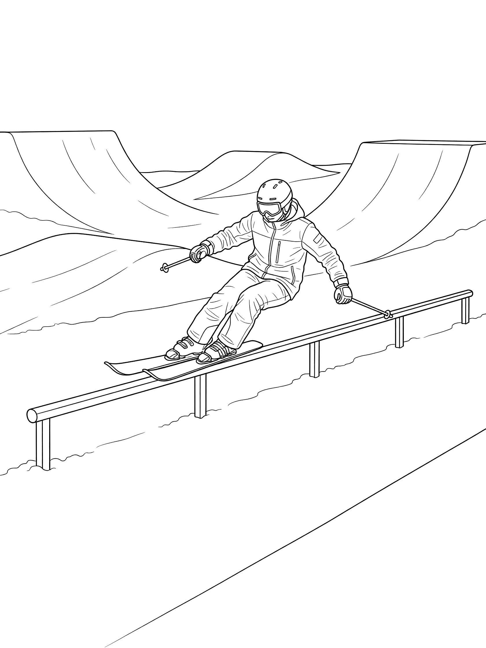 Black and white coloring page of a freestyle skier grinding a long metal rail sideways, one ski on the rail and the other dangling, snowy jumps and halfpipe walls behind.