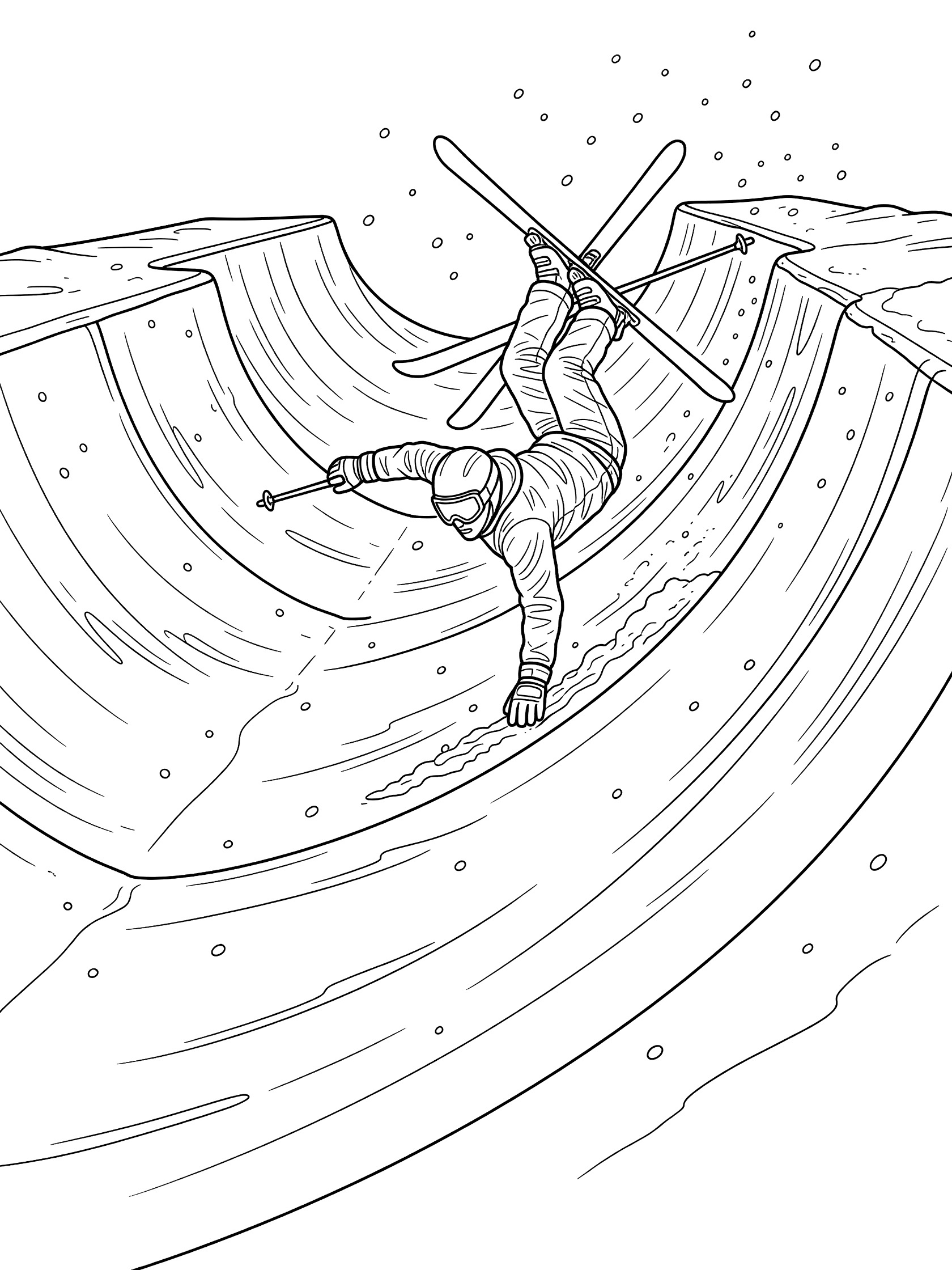 Black and white line art of a freestyle skier in a handplant atop the halfpipe wall, legs up with crossed skis, surrounded by curving pipe walls and falling snow.