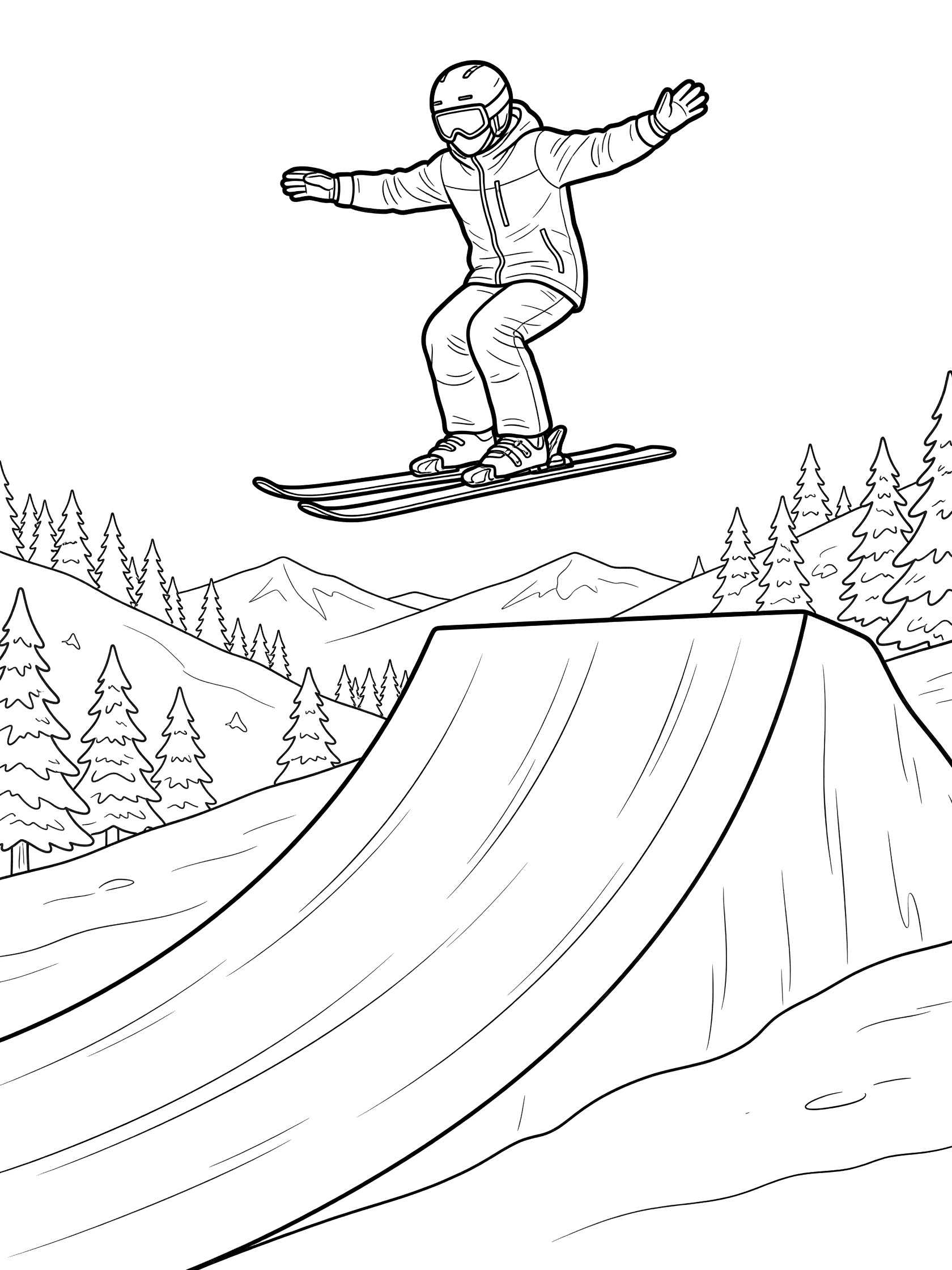 Black-and-white coloring page of a freestyle skier in helmet and goggles jumping off a large curved snow ramp, skis together, arms waving, distant pine trees on snowy hills.