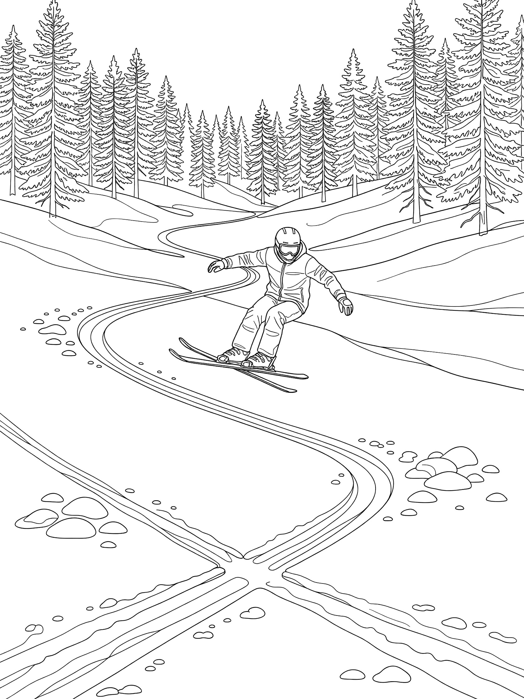 Black-and-white line art of a freestyle skier in switch stance landing on a snowy hillside with parallel ski tracks, moguls, rocks, and pine forest background.