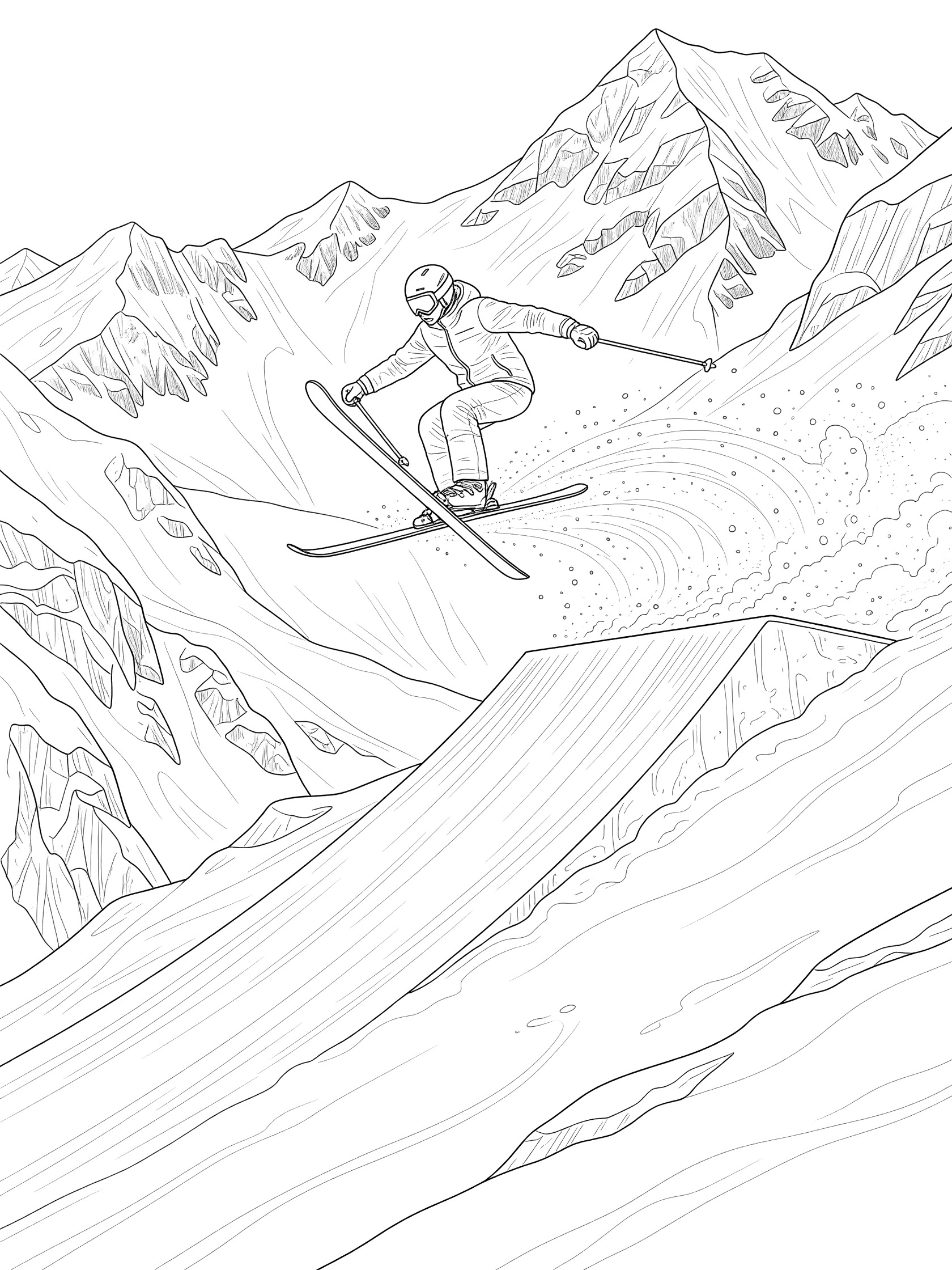 Black and white coloring page of a freestyle skier in mid-air grabbing ski nose over a ramp with swirling snow and mountains