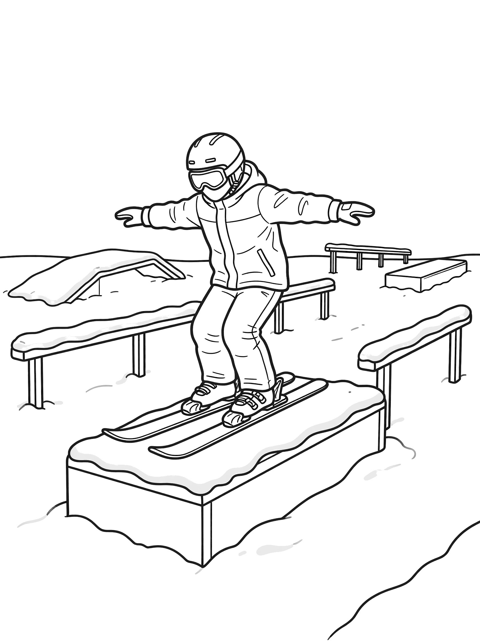 Black-and-white coloring page of a freestyle skier pressing skis flat on a snow-covered box feature, arms outstretched, in a terrain park with rails and jumps.