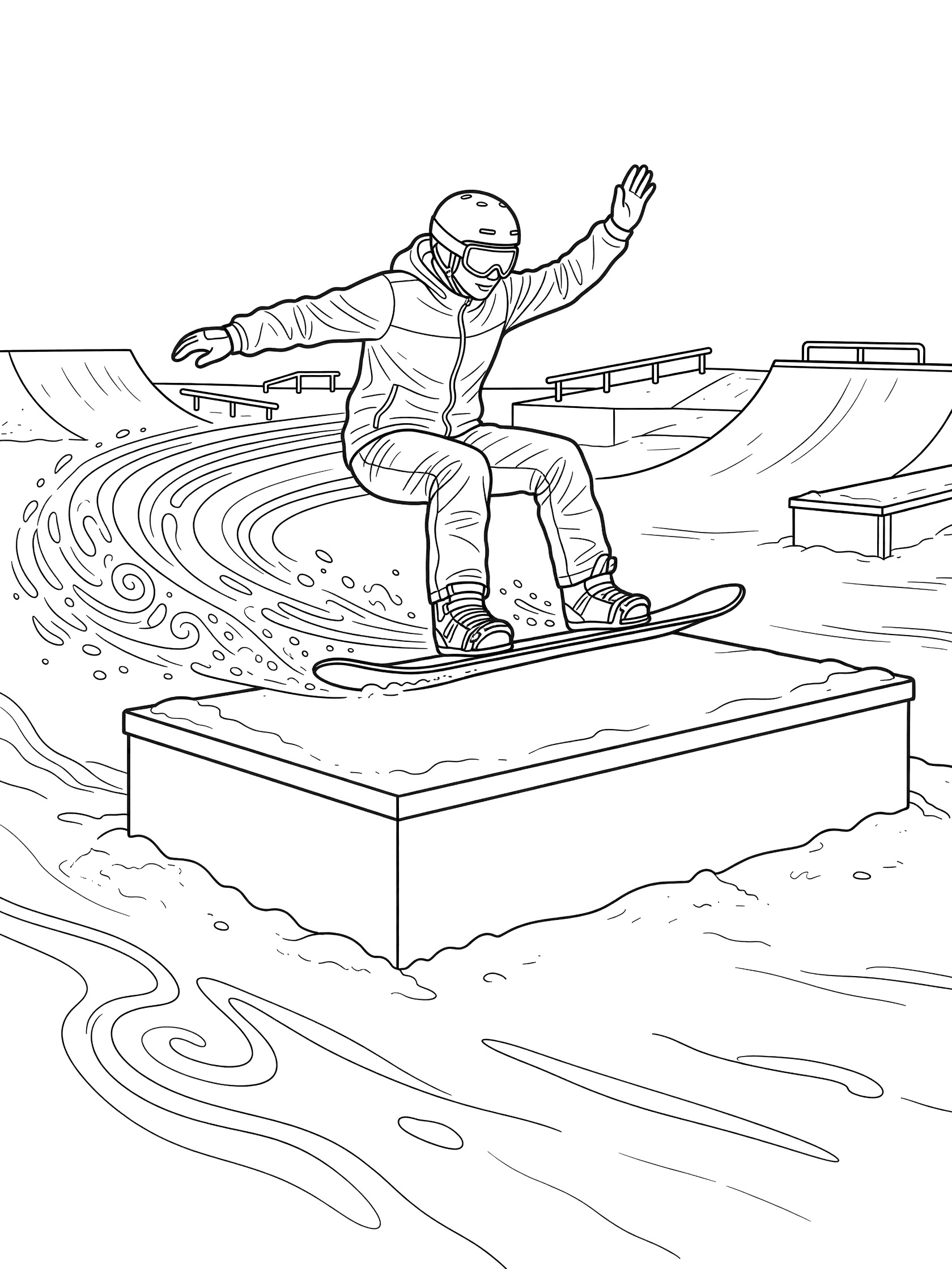 Black and white coloring page of a freestyle snowboarder in helmet and gear sliding sideways on a flat snow-covered box with arms out and snow trails behind the board.