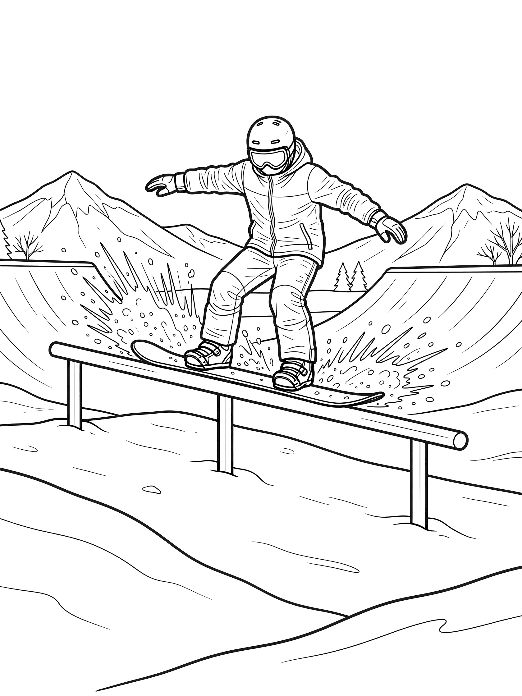 Black and white line art of a freestyle snowboarder in helmet and jacket grinding a straight metal rail on snowboard with snow spray, trees and mountains around.