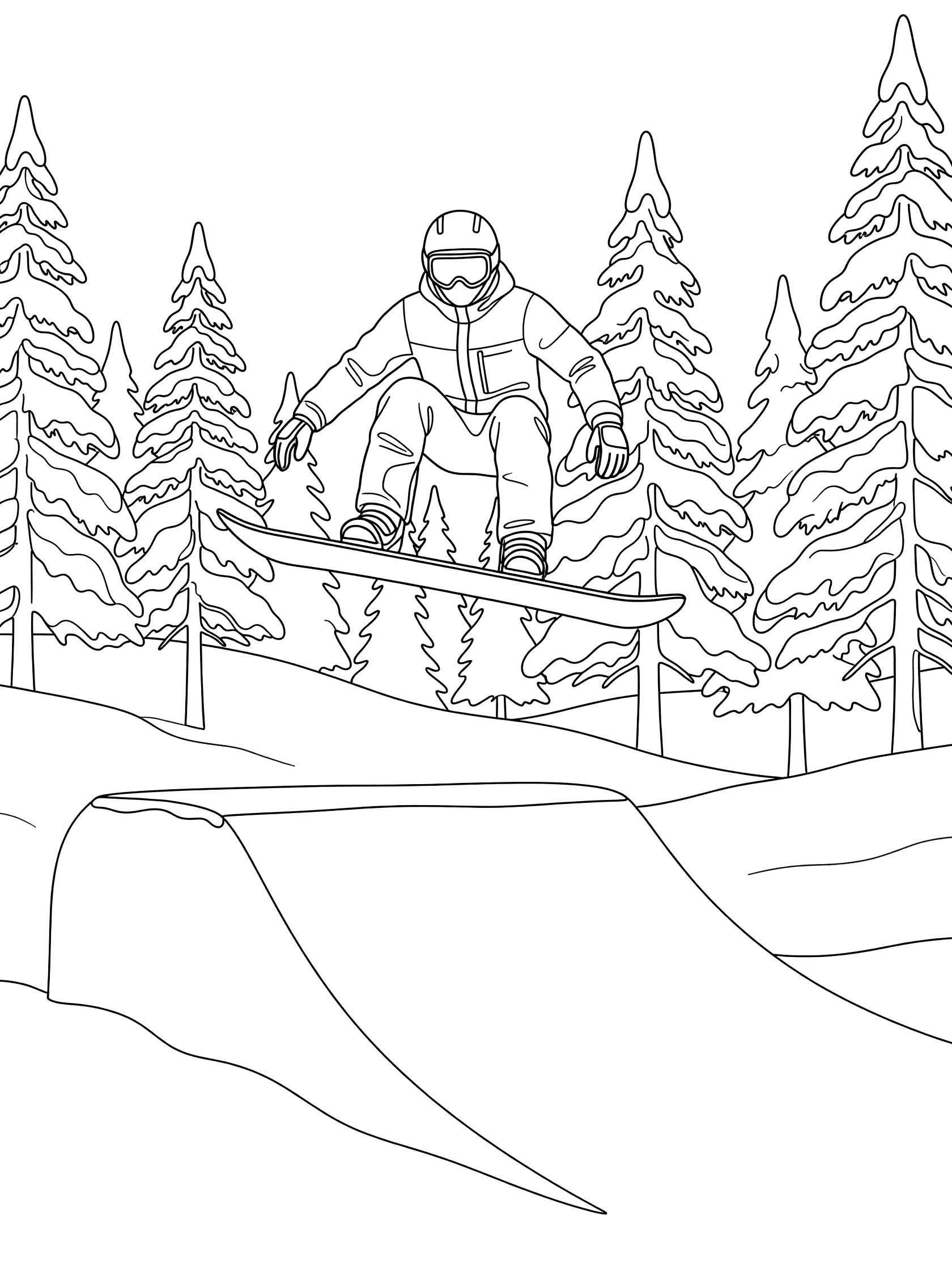 Black and white coloring page of a freestyle snowboarder in mid-air indy grab over a kicker jump with snowy terrain and pine trees in a snow park.