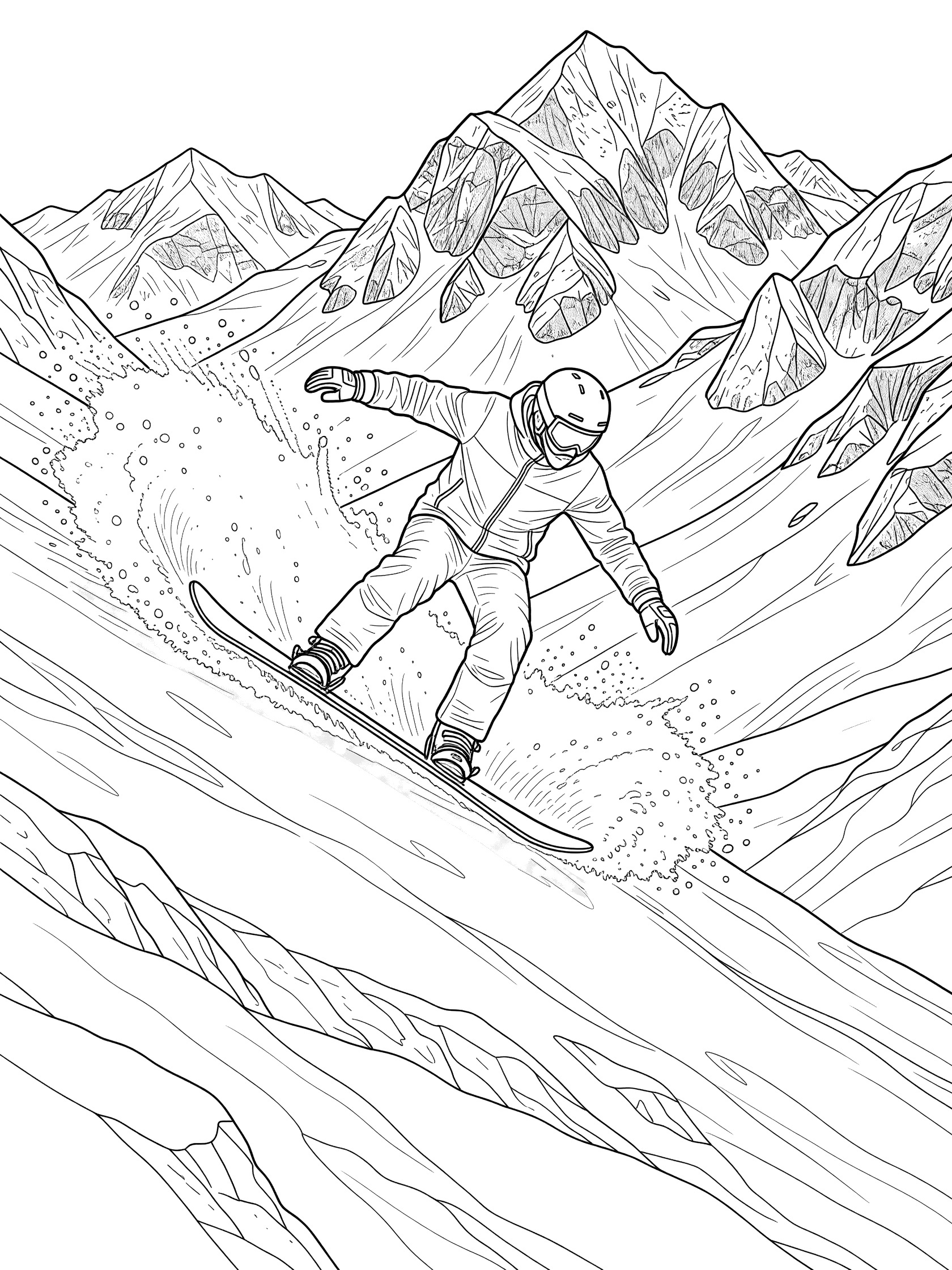 Black-and-white line art of a freestyle snowboarder touching down backward from 180 switch on snowy powder slope, knees bent, snow kicking up, mountains behind.