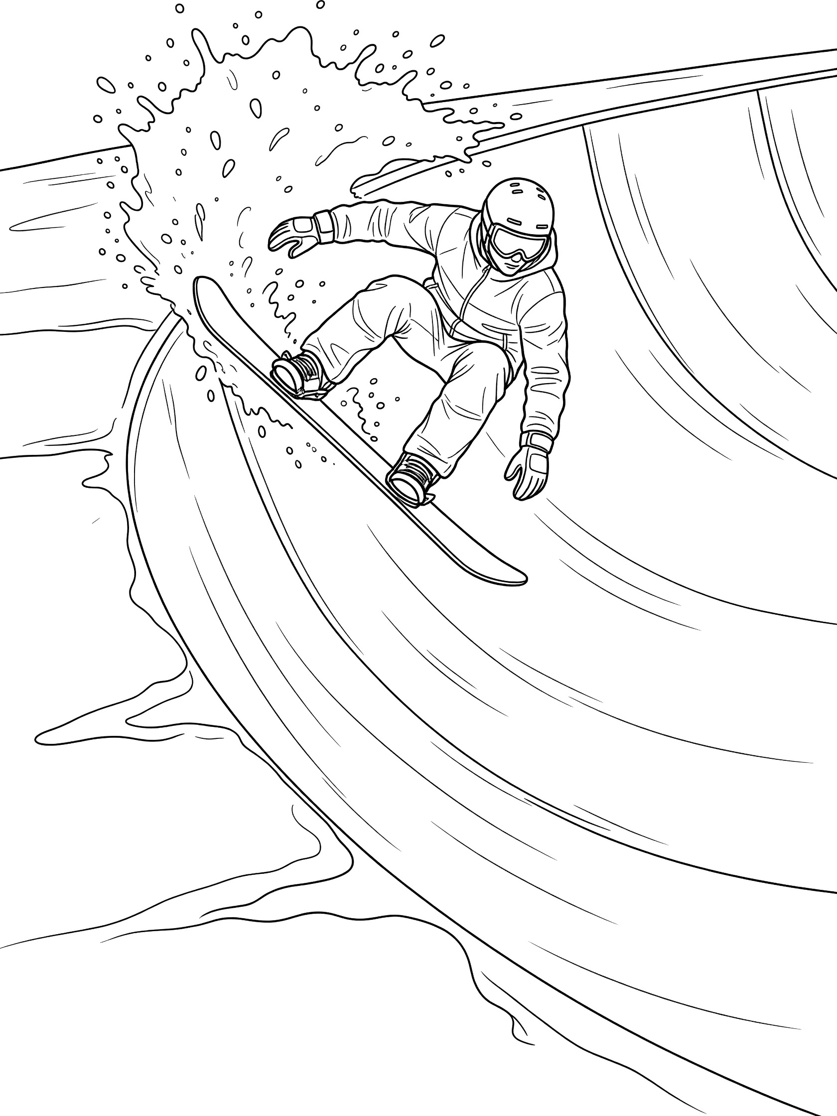 Black and white coloring page of a freestyle snowboarder performing a method grab on a snowboard in a curved halfpipe wall with flying snow.