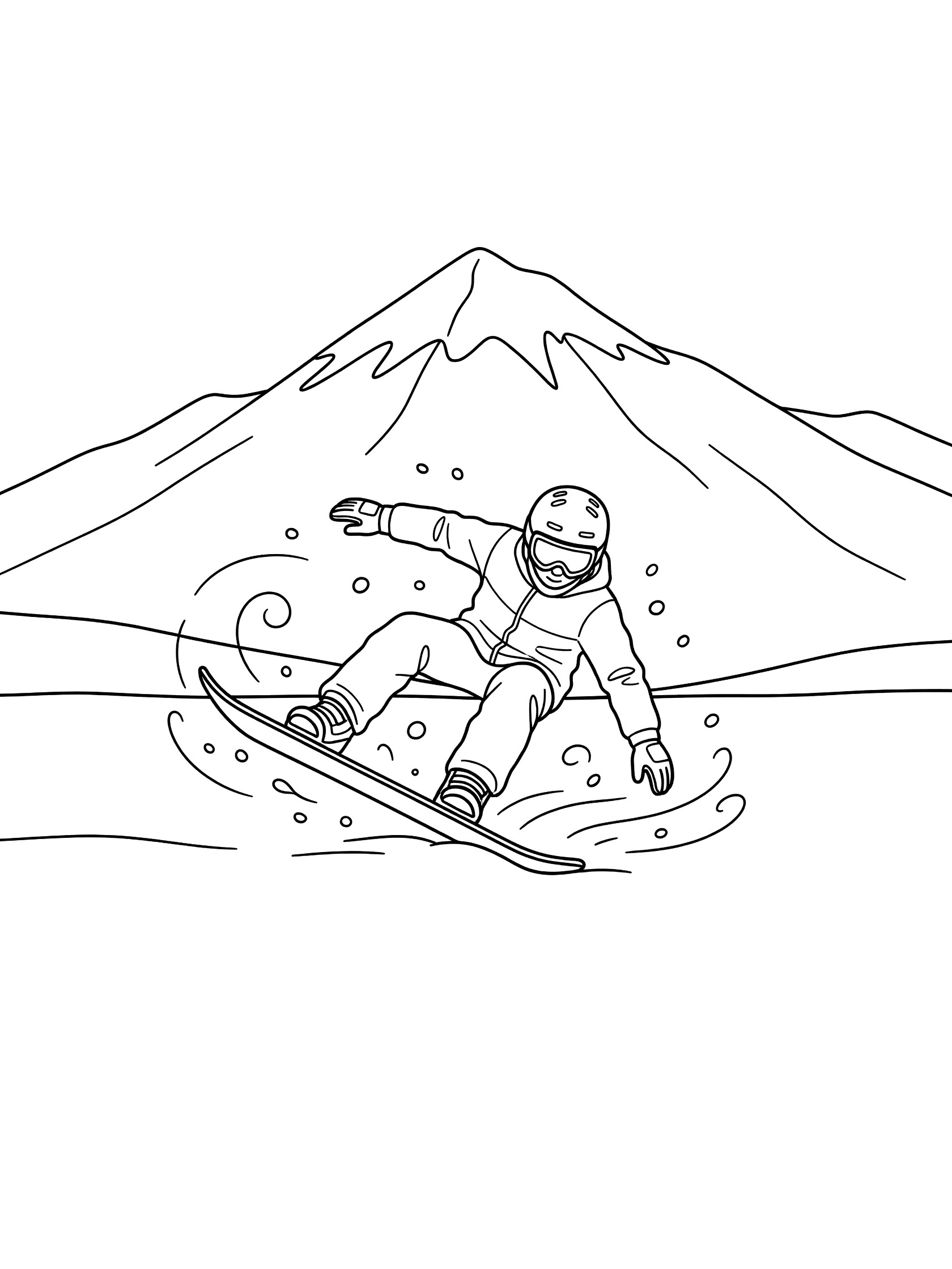 Line art coloring page showing a snowboarder in freestyle nose butter spin, pressing board nose into snow with hands down, light snow swirls, mountain backdrop
