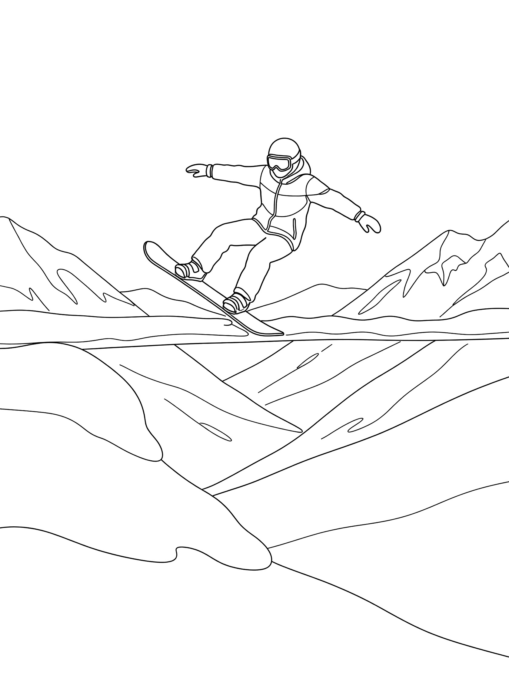 Black-and-white coloring page of a freestyle snowboarder leaning back with arms out, pressing the tail of the snowboard on a narrow snowy ledge over a valley with snowdrifts and mountains.