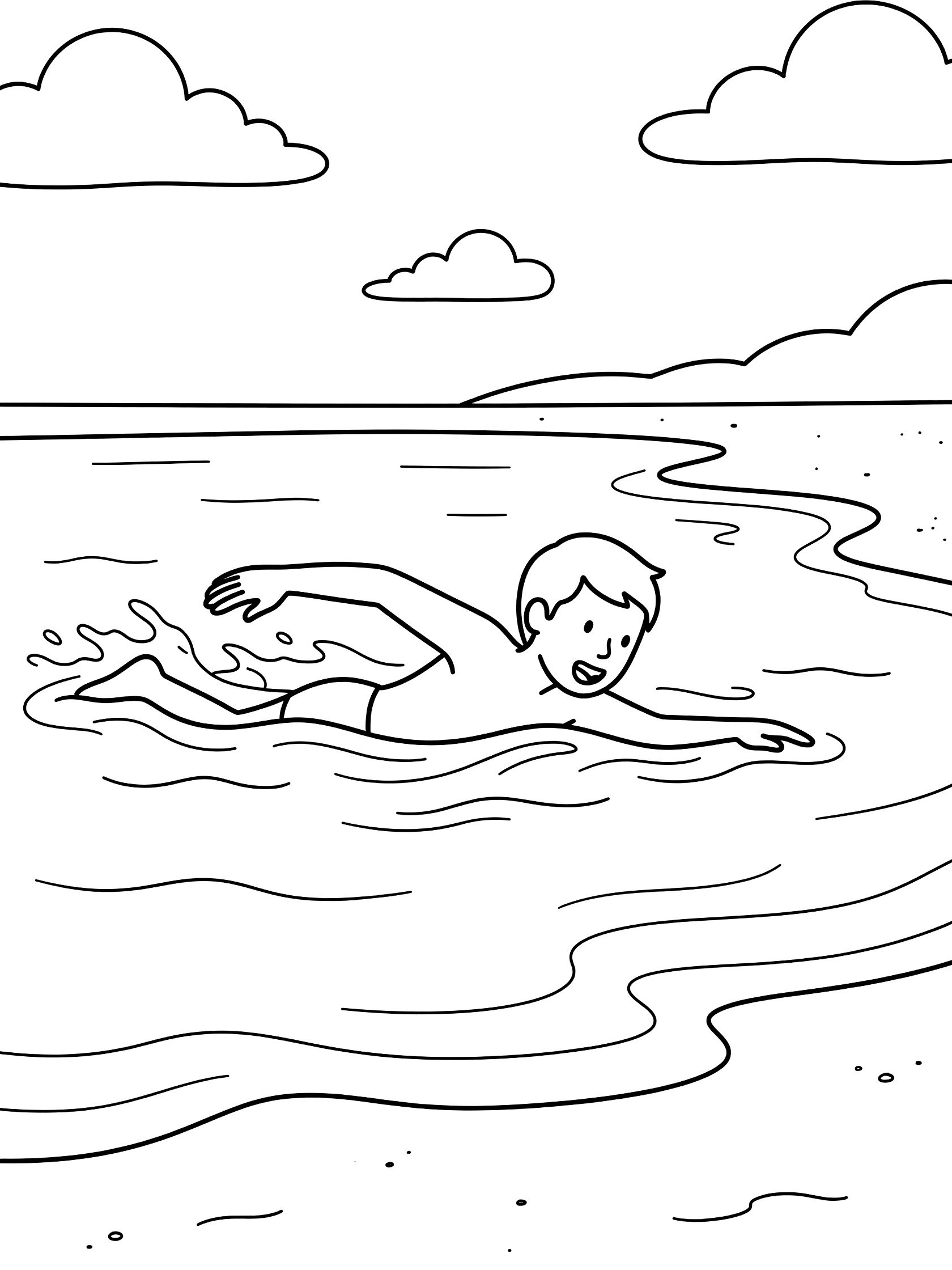 Black-and-white line art of a boy swimmer doing freestyle stroke, head turned to side for breath, swimming near beach shore with waves and clouds.