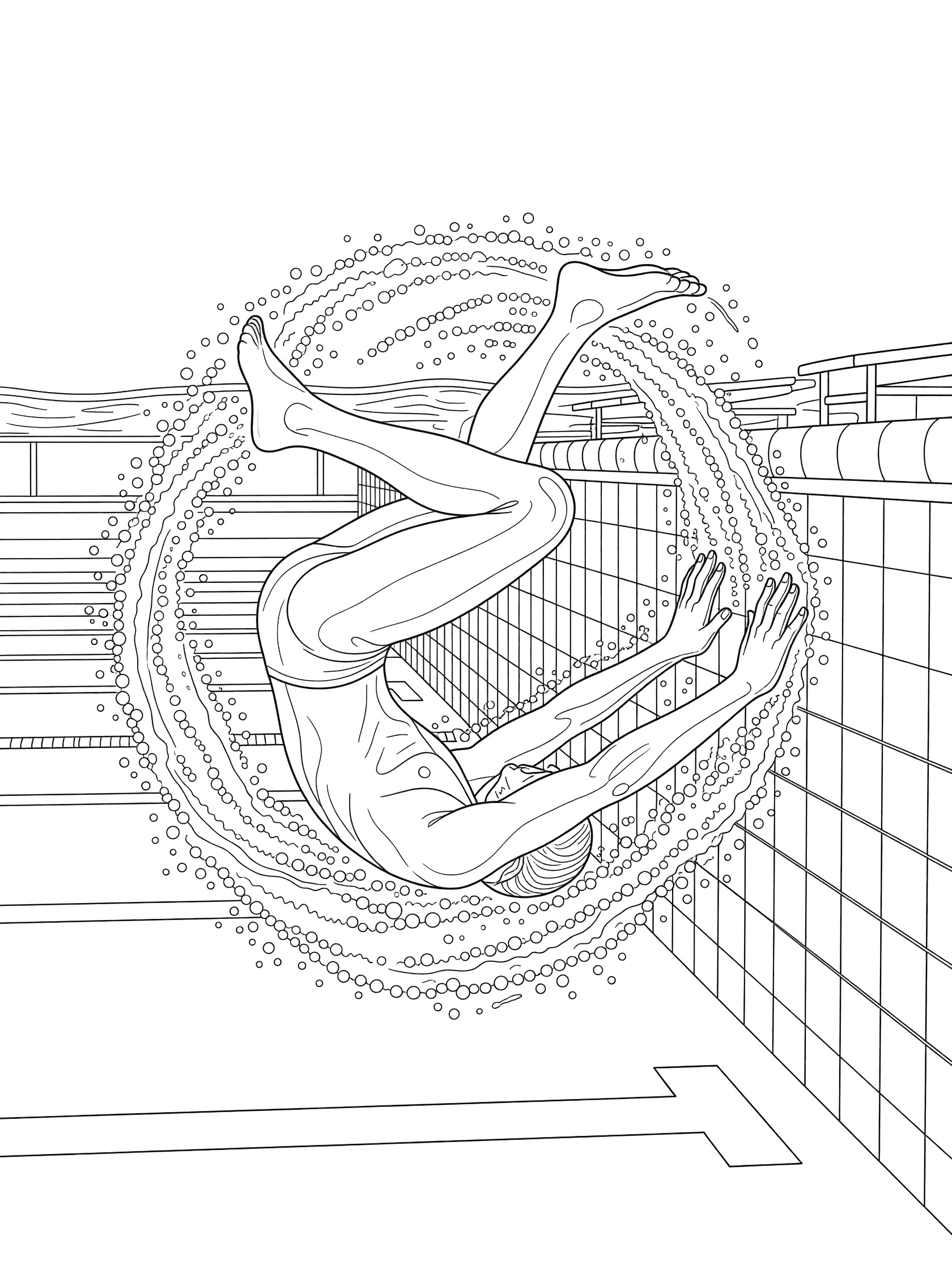 Black and white coloring page of a freestyle swimmer somersaulting underwater at the pool wall with bubbles and hands pushing off.