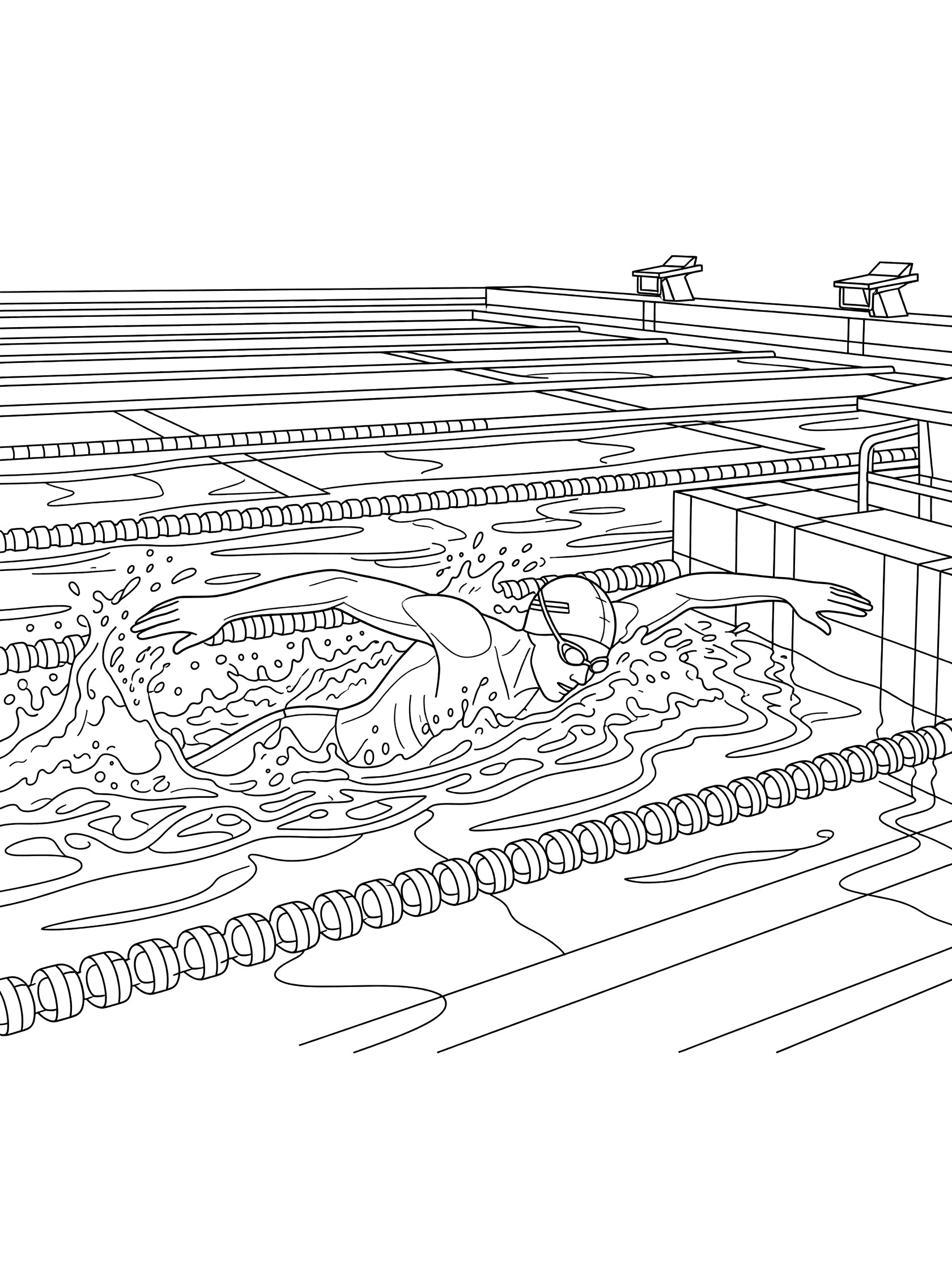 Black-and-white coloring page of a freestyle swimmer reaching to touch the pool wall at the end of a sprint race, with multiple lanes and lane markers.