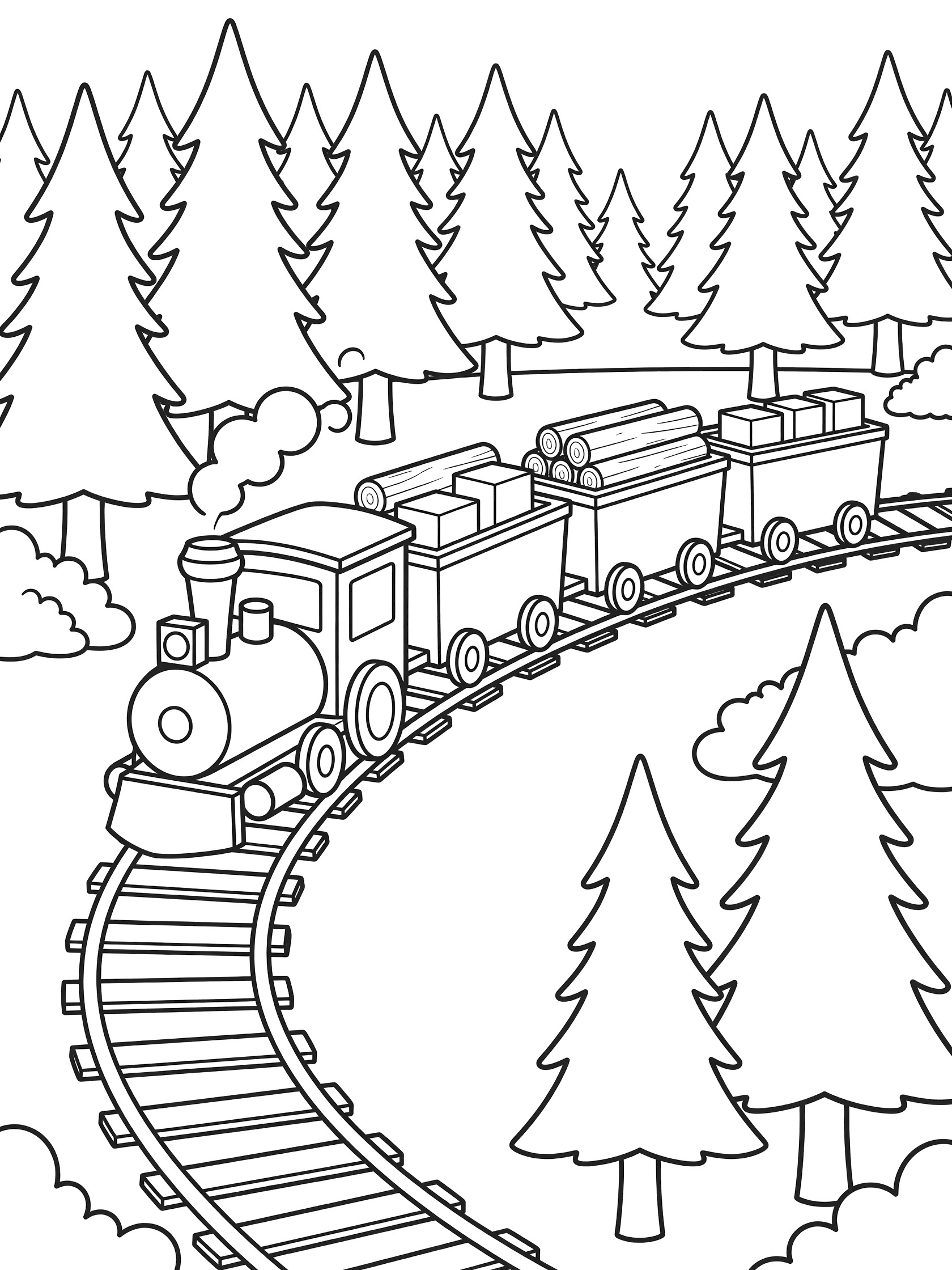 Simple line art coloring page showing a blocky steam locomotive with smokestack and freight cars loaded with logs chugging through a dense forest of pine trees.