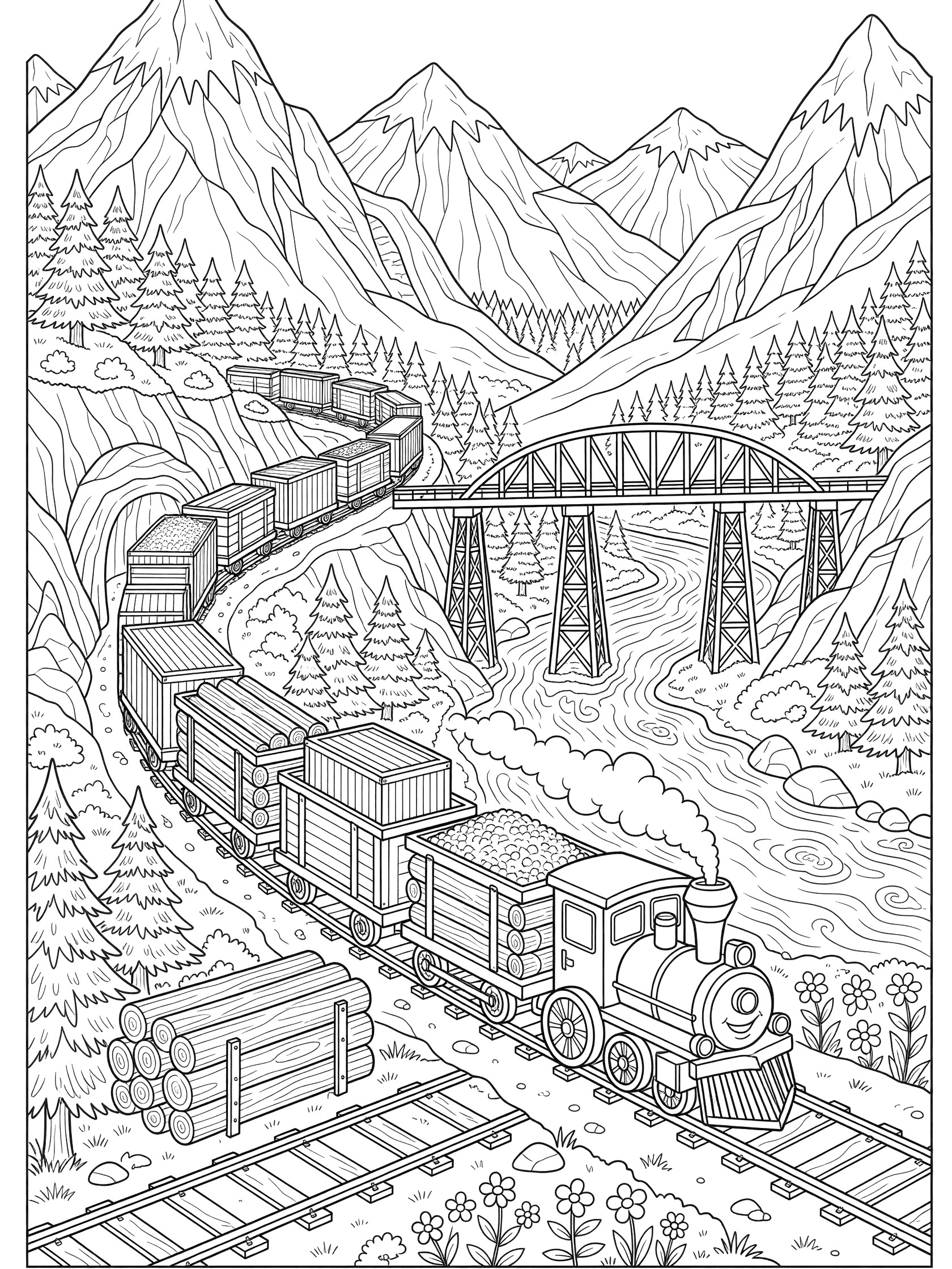 Black and white coloring page of a freight train with steam engine emerging from tunnel, loaded cars on winding tracks through mountains, trestle bridge over river, pine trees and peaks.