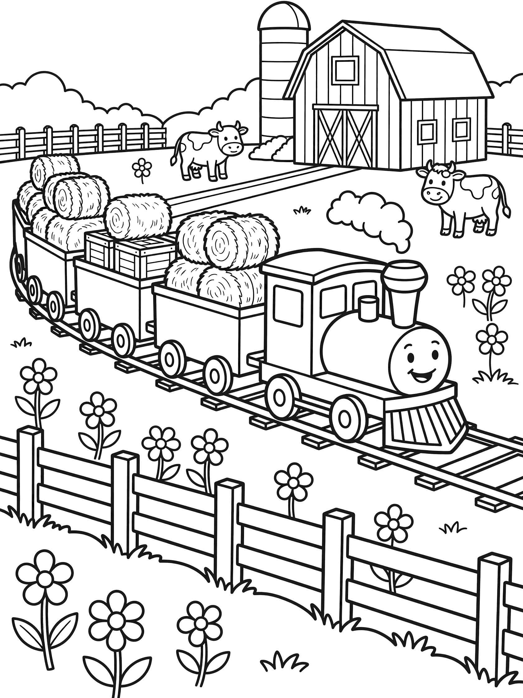 Line art coloring page showing a smiling freight train pulling boxcars loaded with hay bales past a red barn, silo, green fields with cows, wooden fence, and wildflowers.