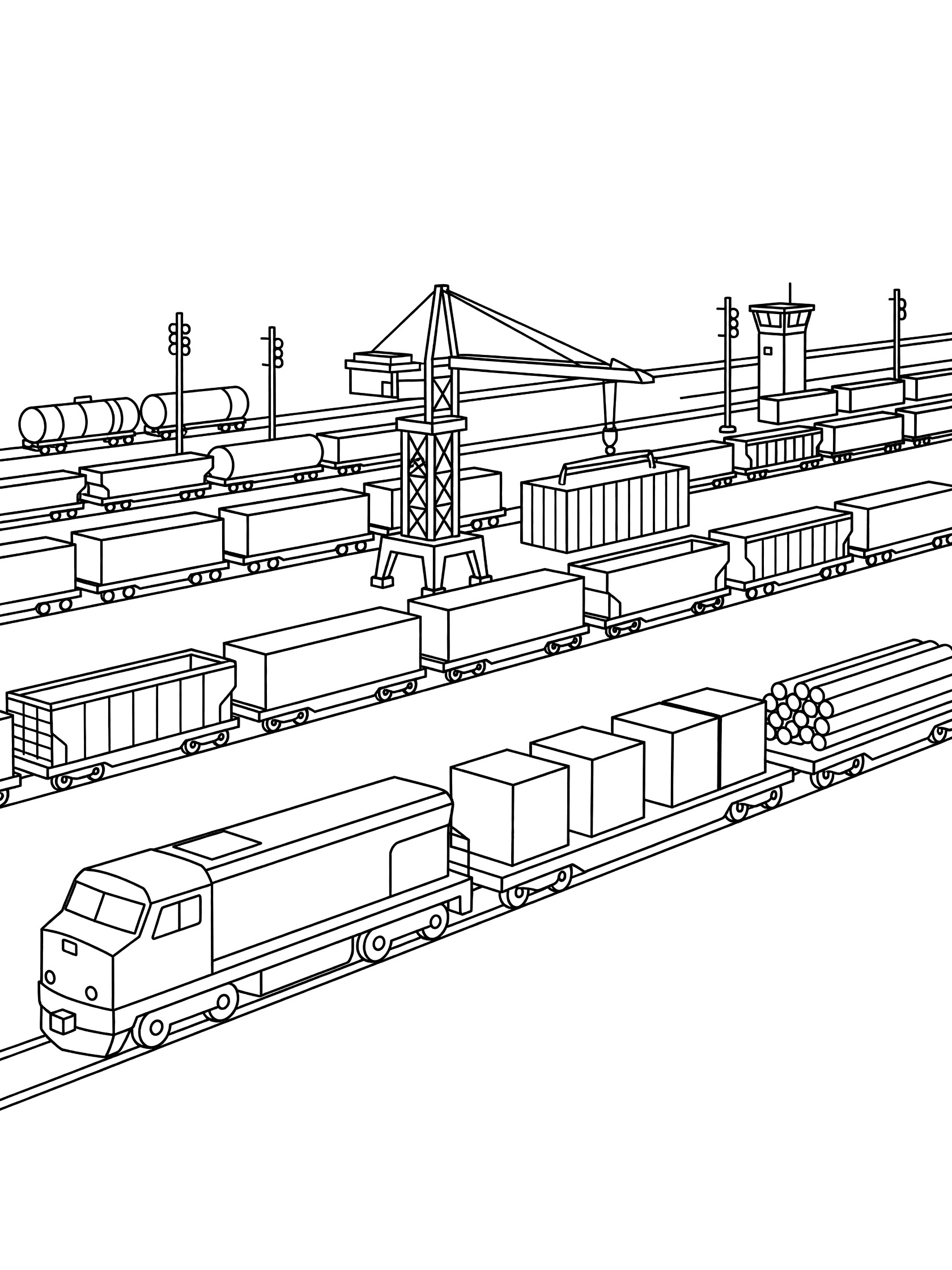 Line art coloring page of freight trains in a busy rail yard with locomotive pulling boxcars and flatcars, crane loading containers, parked tankers and gondolas, rail signals, and control tower.