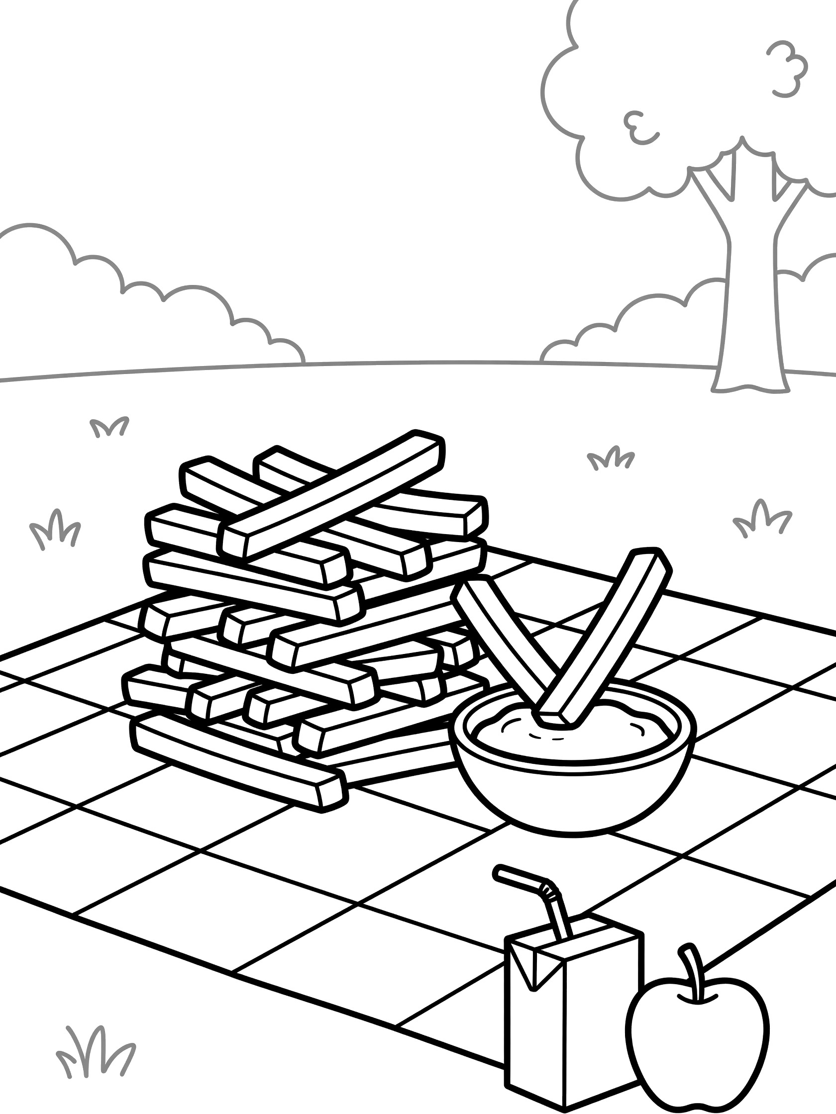 Cute cartoon coloring page showing a stack of french fries with one dipping into a bowl of ketchup on a picnic blanket in the park, next to juice box and apple
