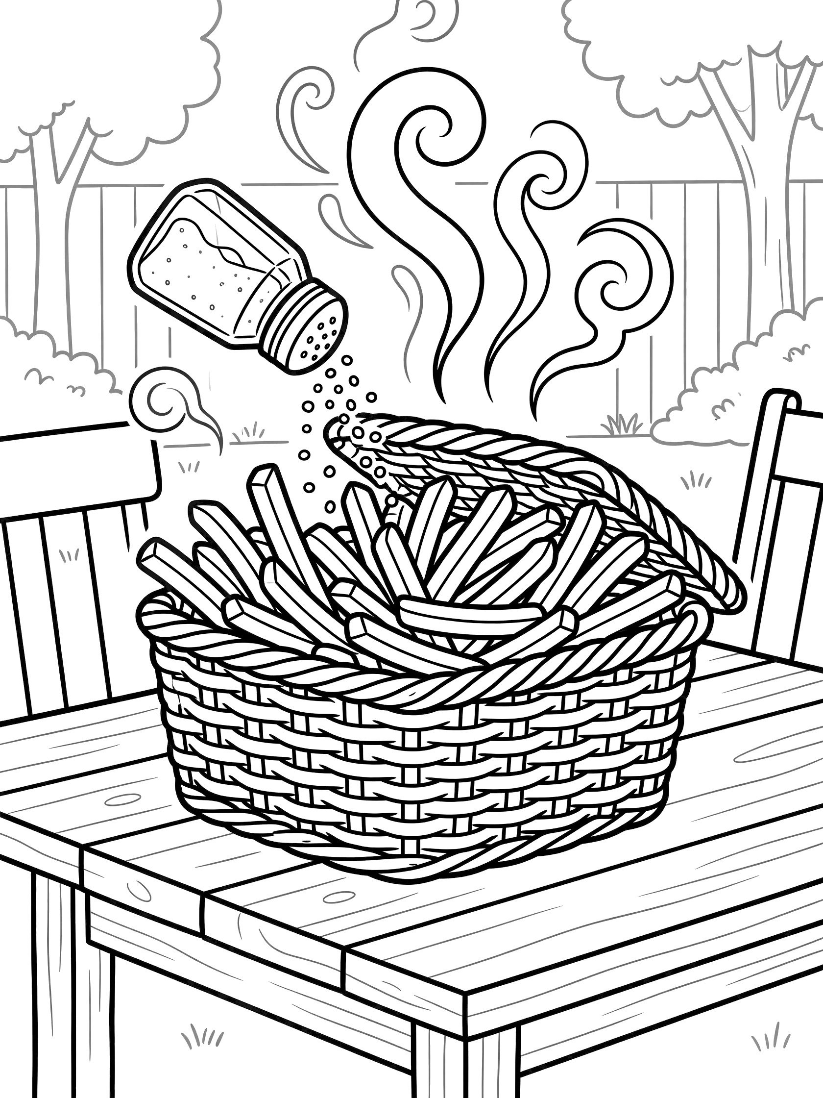 Whimsical coloring page of french fries in a woven picnic basket on a wooden table, salt shaker sprinkling salt with swirly steam lines rising up