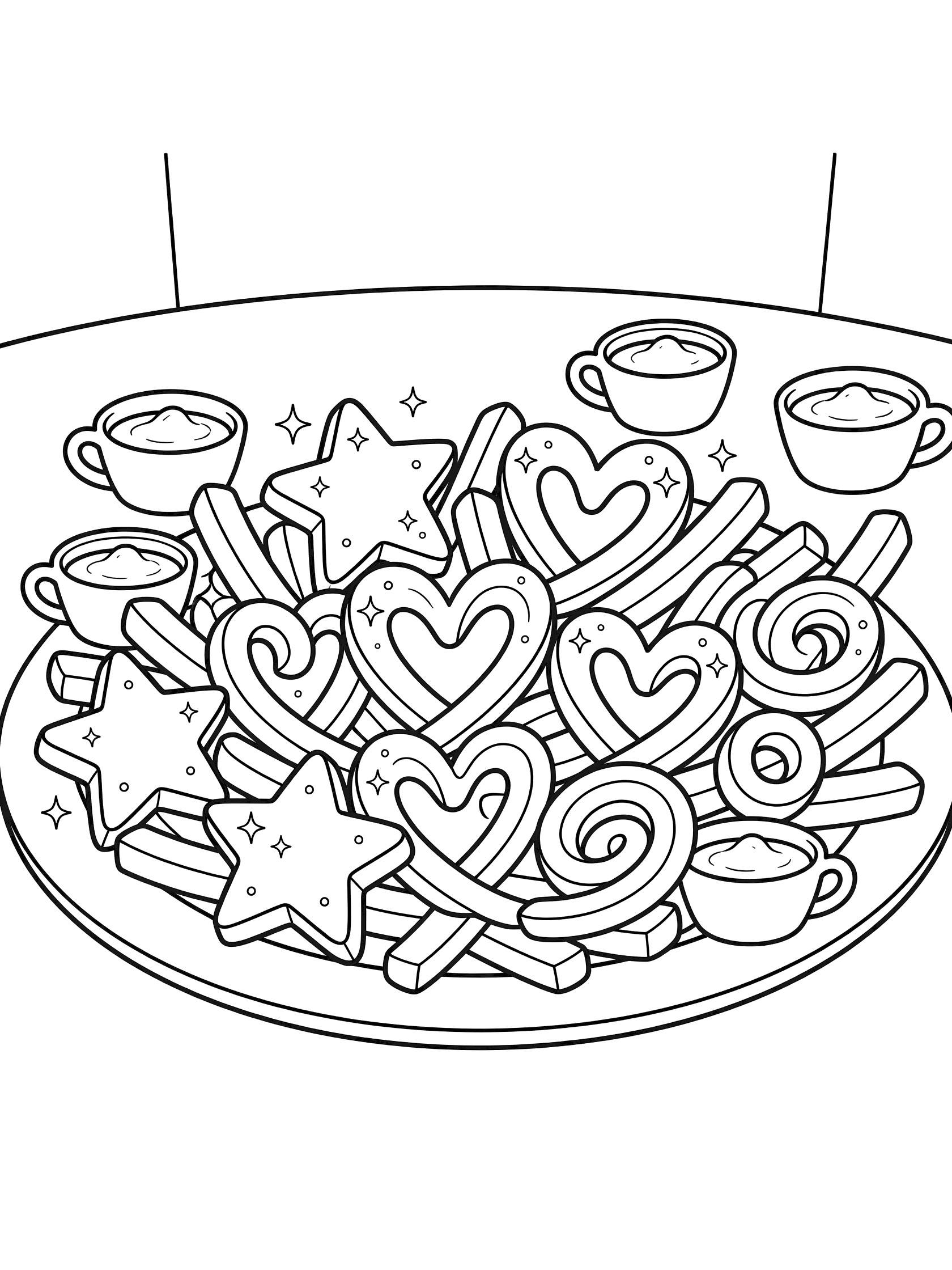 Printable coloring page showing french fries cleverly arranged into star heart and swirl shapes on a snack platter with dipping sauce cups and sparkle dots