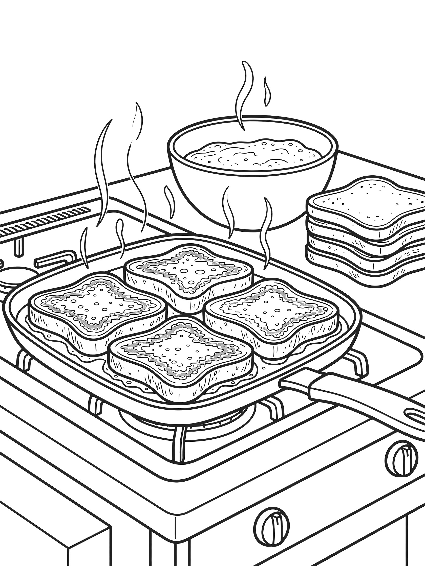 Black and white line art coloring page showing four slices of French toast sizzling on a griddle pan over a stove, with steam rising, a bowl of batter, and stacked bread slices next to it.
