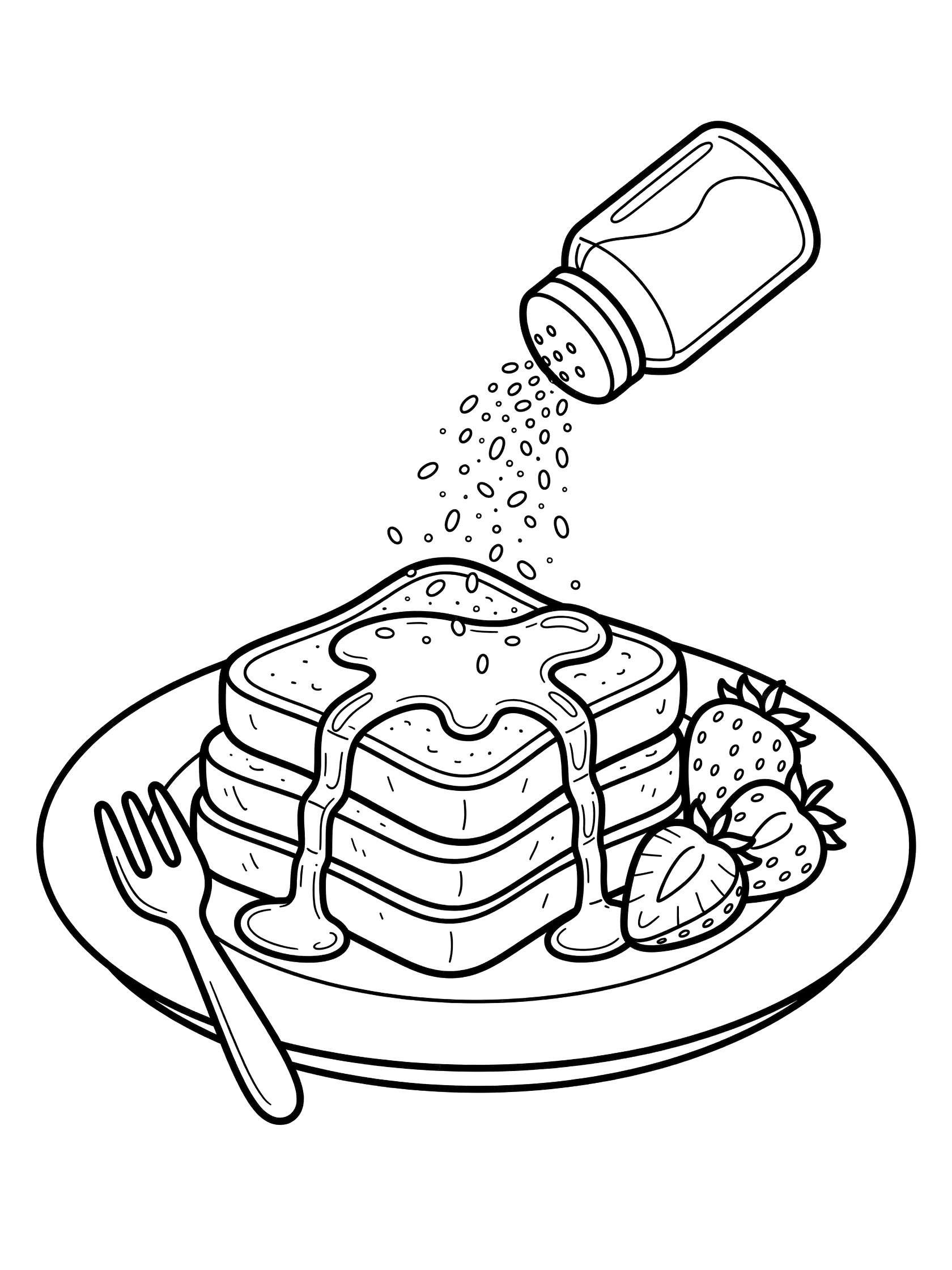 Printable coloring page showing French toast sticks on a plate topped with syrup drips, fresh strawberry slices, a leaning fork, and a shaker sprinkling powdered sugar