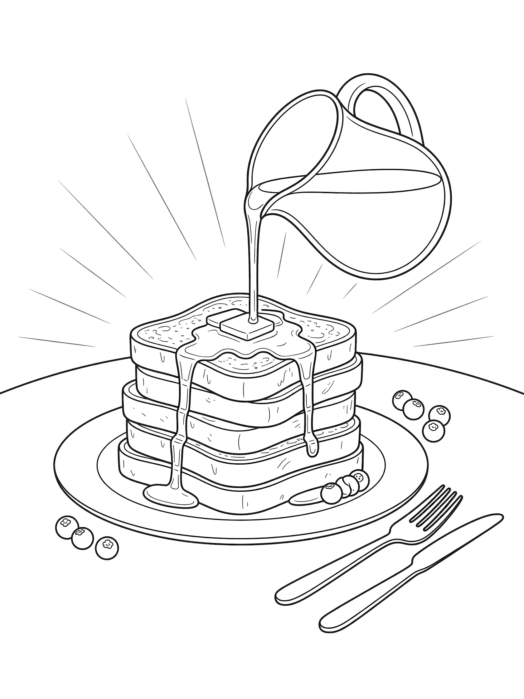 Black and white line art coloring page showing stacked French toast with syrup pouring over the top from a pitcher, butter pat on top, blueberries on the plate, and fork and knife nearby.