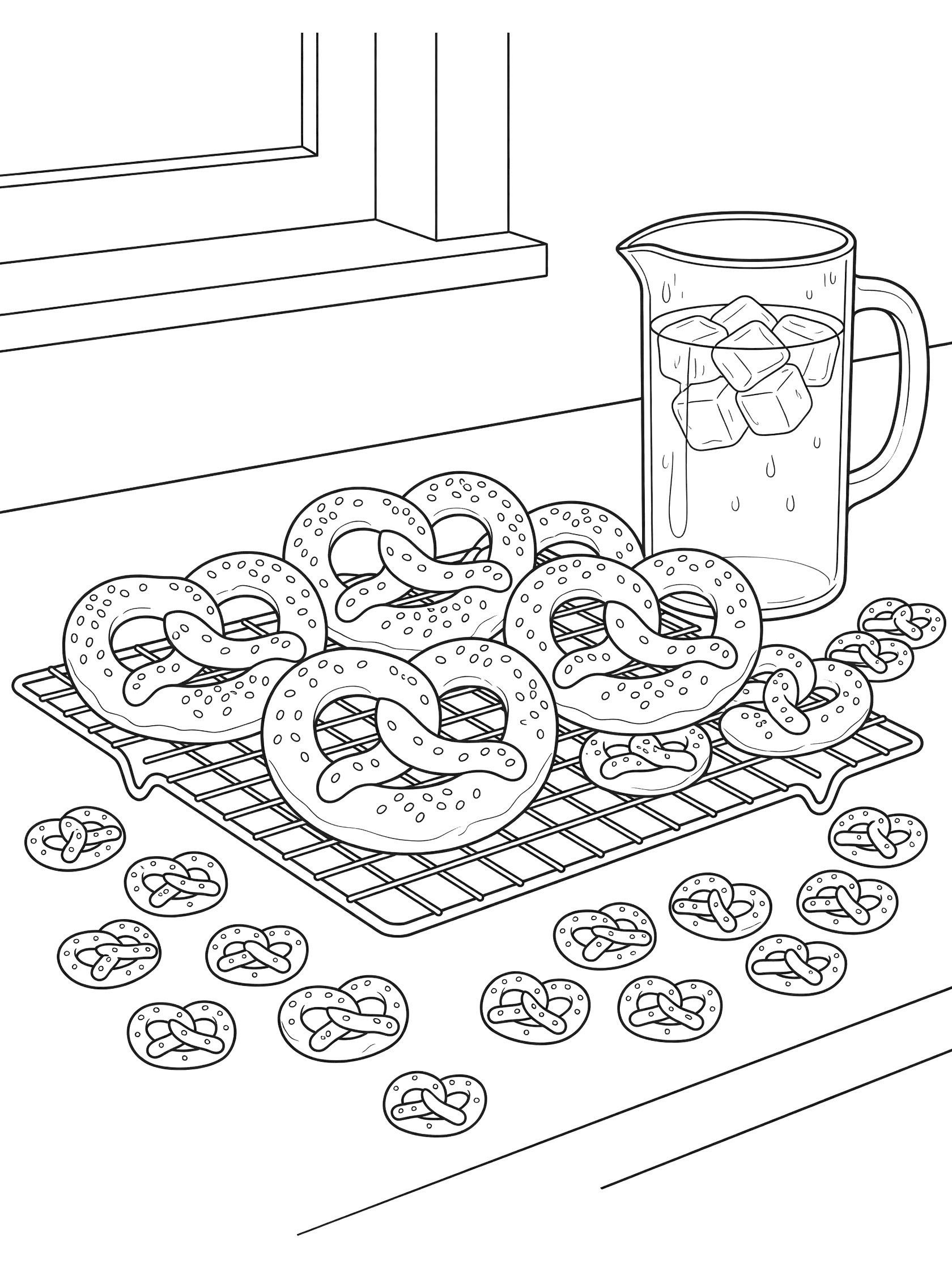 Black and white line art coloring page showing multiple soft pretzels and mini pretzel bites on a wire cooling rack with a glass pitcher of iced tea on a kitchen counter