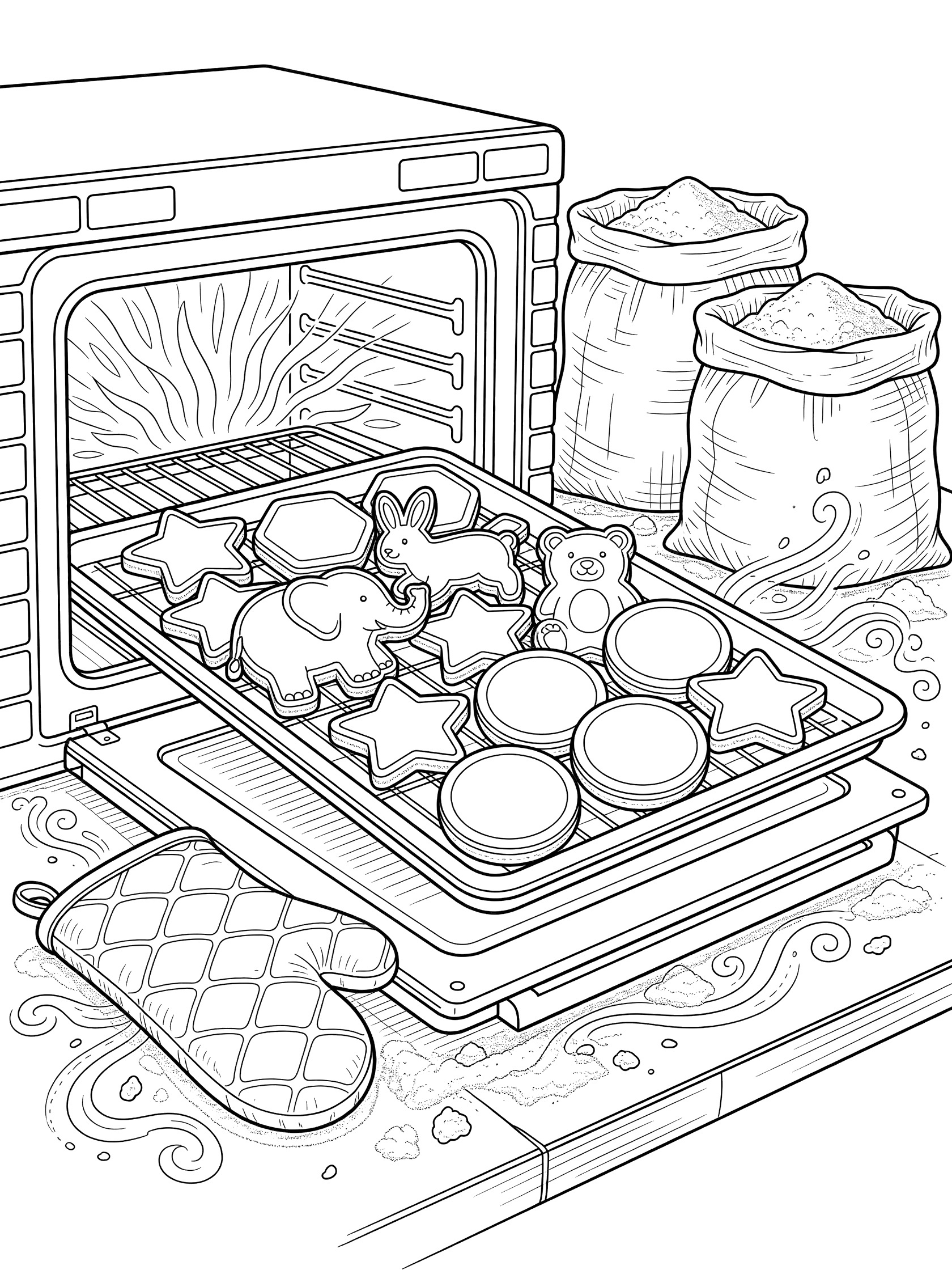Printable coloring page showing a tray of freshly baked cookies in shapes like elephants, bunnies, bears, stars, and circles emerging from an open oven with oven mitt and flour sacks nearby.