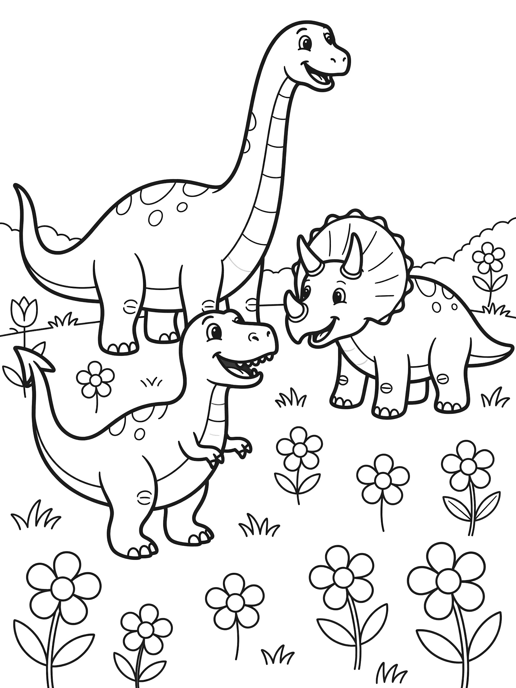 Black and white coloring page showing three friendly dinosaurs: tall Brachiosaurus, horned Triceratops and small T-Rex standing together smiling in a sunny meadow with flowers and grass. Scorpios Rex themed black and white printable line art