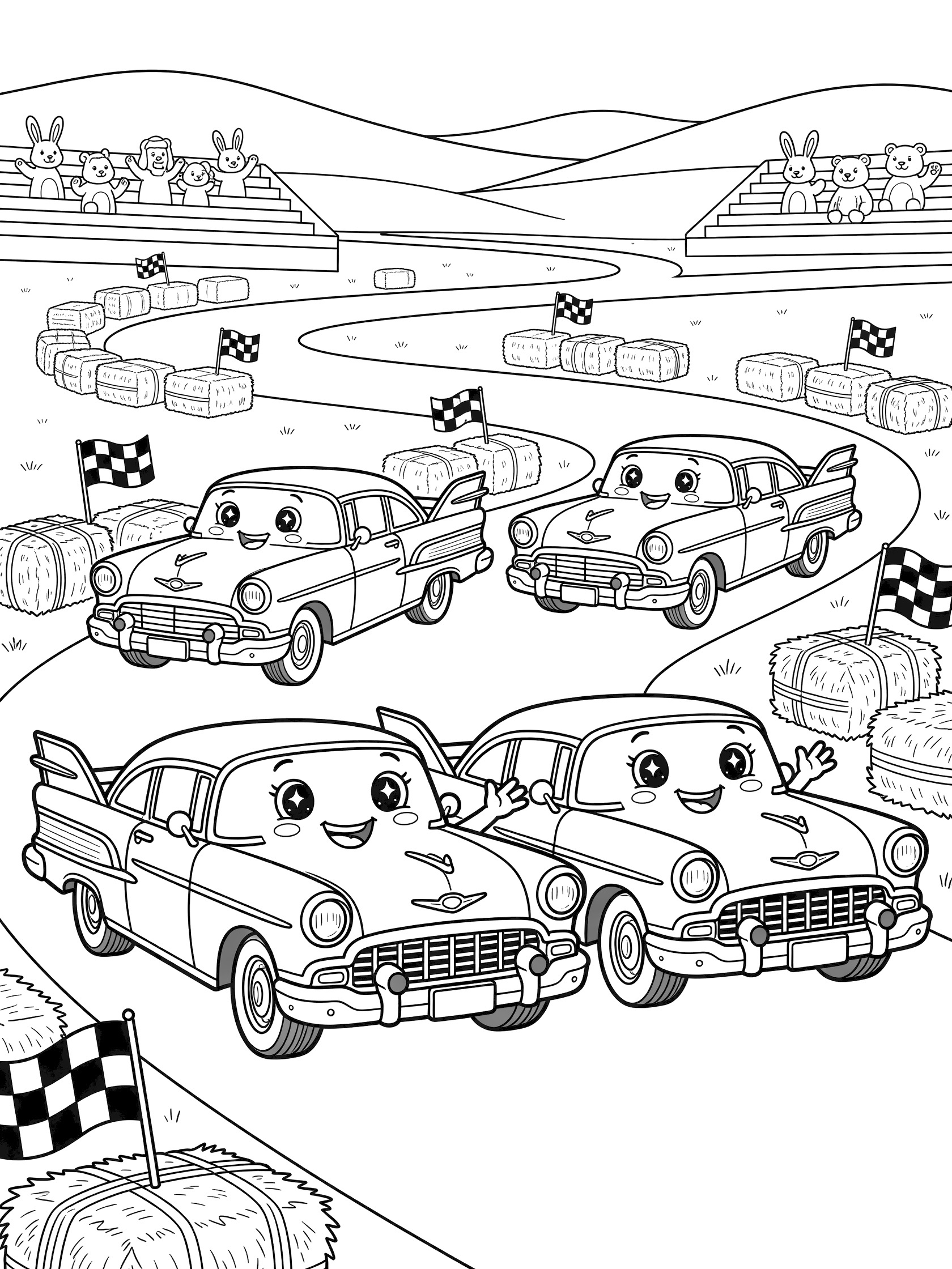 Black and white coloring page of four kawaii classic cars with sparkling eyes and smiles racing friendly on a track lined with hay bales and flags, with animal spectators in the background.