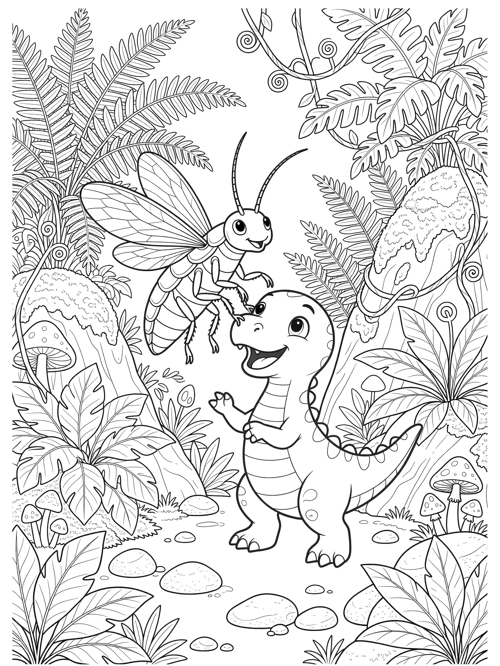 Black-and-white coloring page of a cockroach with wings and antennae on a smiling baby dinosaur's nose, surrounded by jungle plants, mushrooms, and stones.