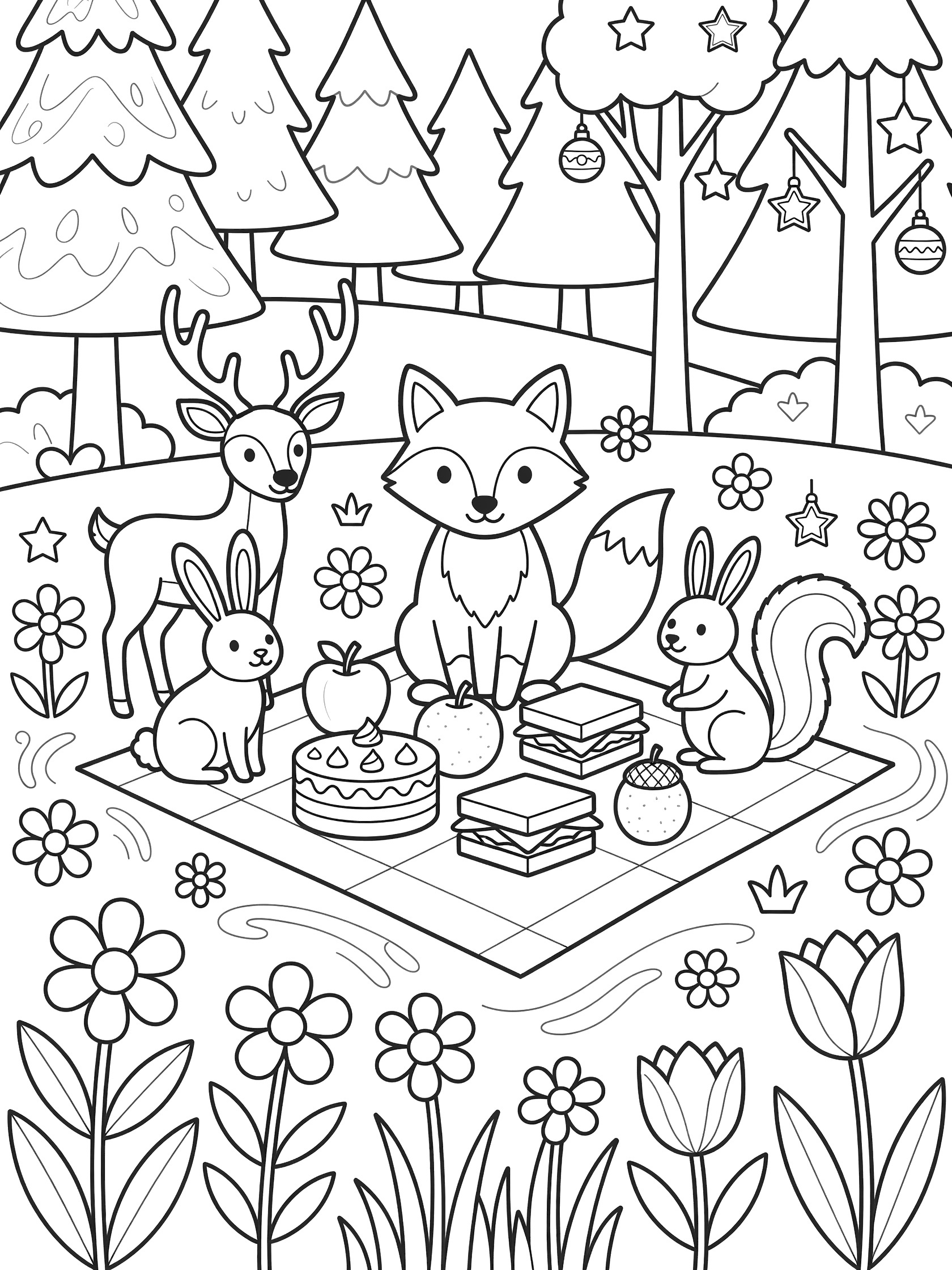 Printable coloring page showing friendly fox picnic in a flower meadow with forest animals, Christmas trees, and picnic food on a checkered blanket surrounded by flowers.