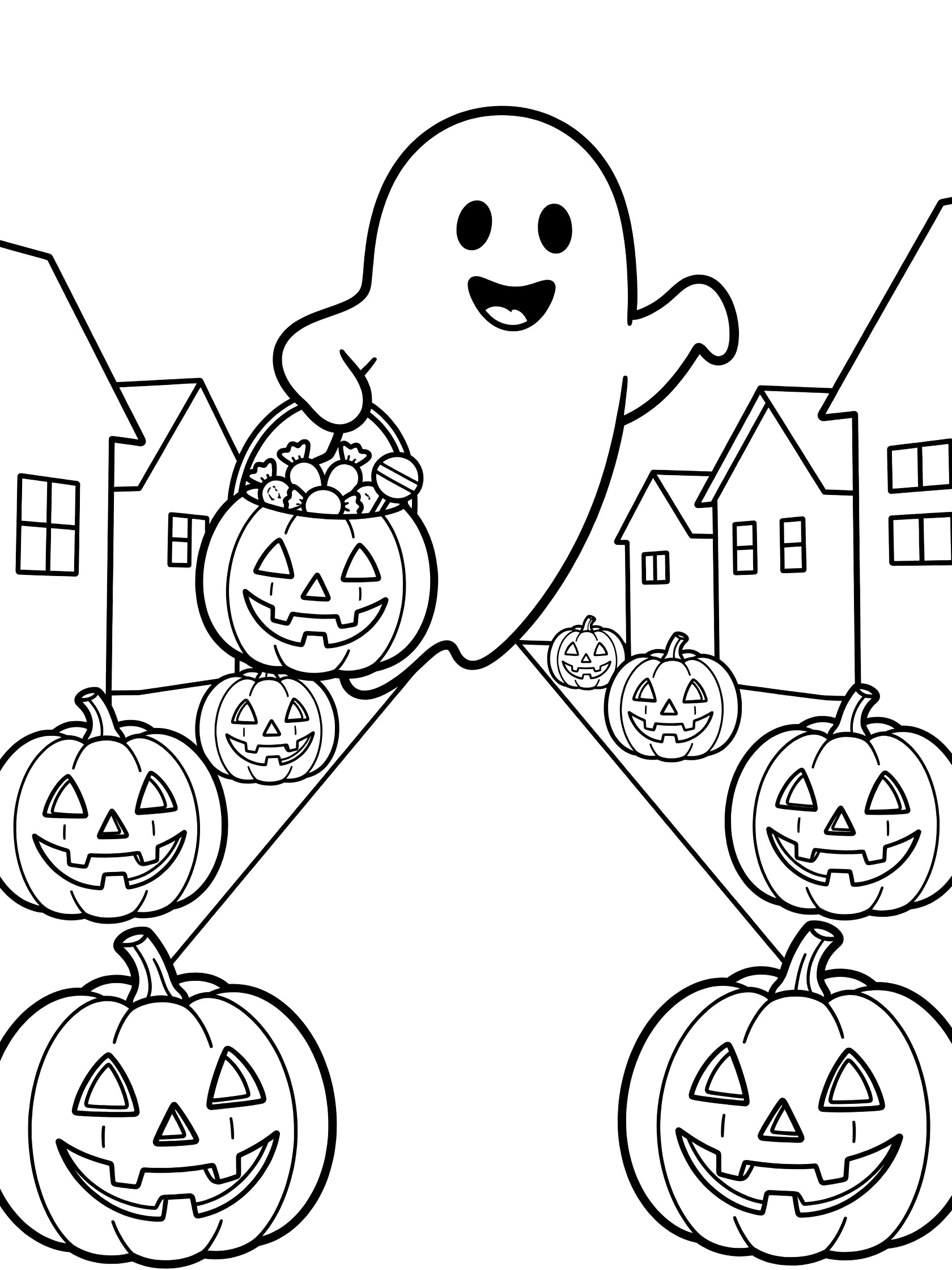 Cute ghost smiling and floating down a Halloween street with houses and jack-o'-lanterns, carrying a pumpkin-shaped candy bucket.