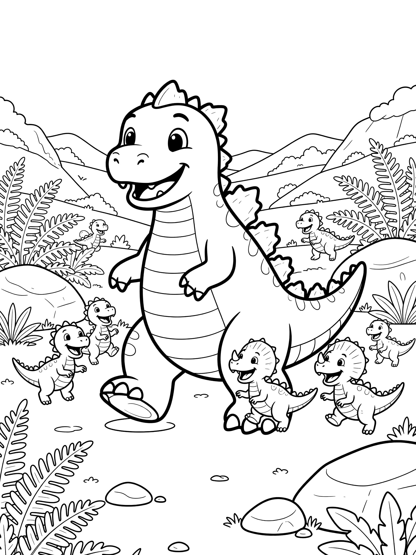 Black and white coloring page of friendly Godzilla with spiky back plates, big smile, and kind eyes stomping gently while small cartoon dinosaurs laugh and play near its legs in a prehistoric valley.