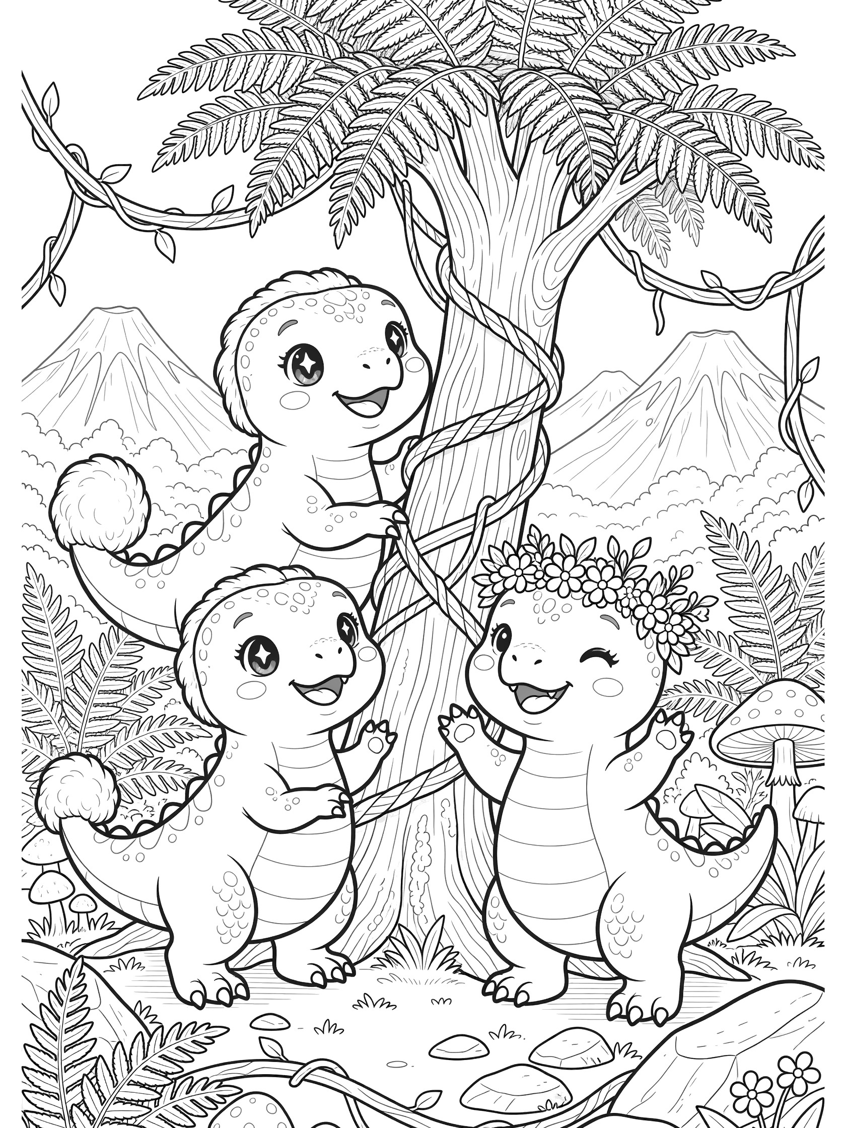 Kawaii style coloring page with three chubby Indoraptor dinosaurs: one helping another climb a fern tree with vines, the third cheering with a flower crown, surrounded by jungle plants and distant mountains.