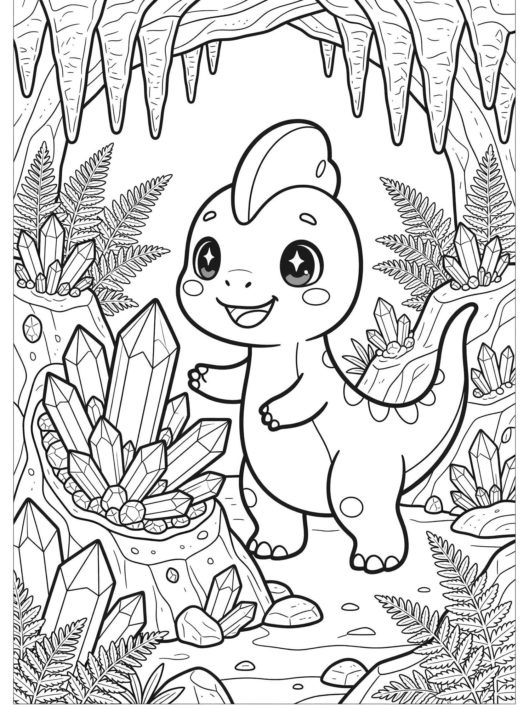 Black-and-white line art coloring page showing a cute Monolophosaurus with oversized head, huge sparkling eyes, single crest, and tiny arms, standing on hind legs and gently touching a large geode crystal cluster on a rocky cave wall, surrounded by stalactites, smaller crystals, and prehistoric ferns.