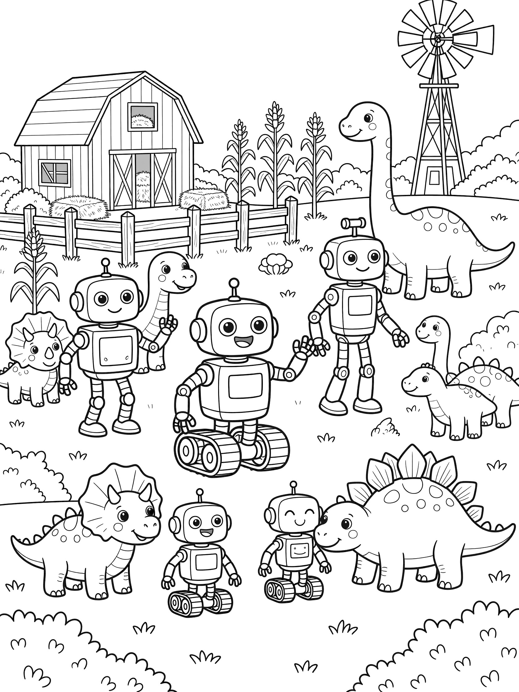 Detailed coloring page showing a friendly robot parade of dinosaur robots on a farm, with barns, fields, and farm animals in storybook style.